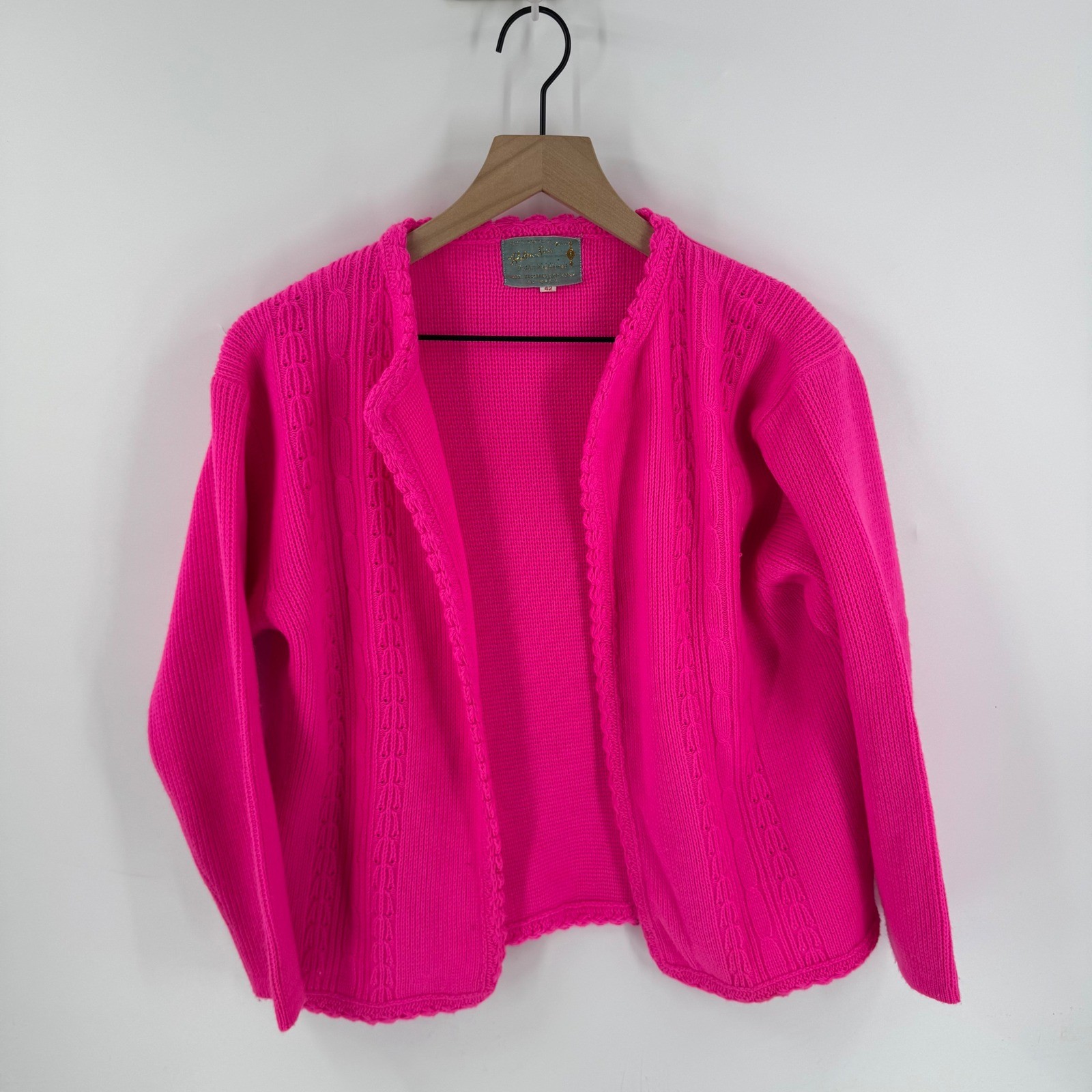 Vintage Helen Sue Hot Pink Open Cardigan Scalloped Trim Knit Size L Vibrant
