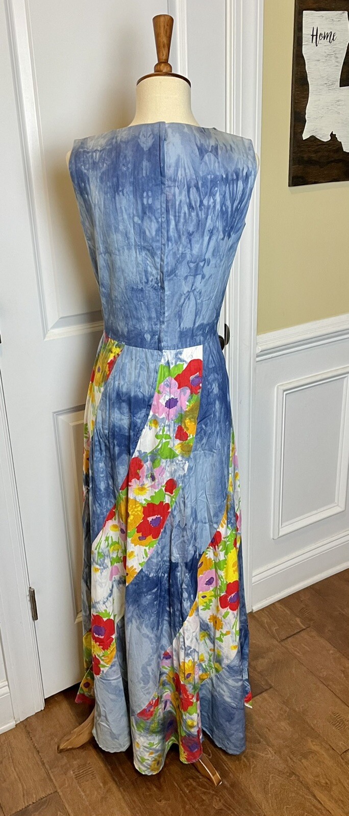 Vtg 60s Eve Le Coq Tie Dye Floral Maxi Dress Avril Cotton Sleeveless Sz S/XS