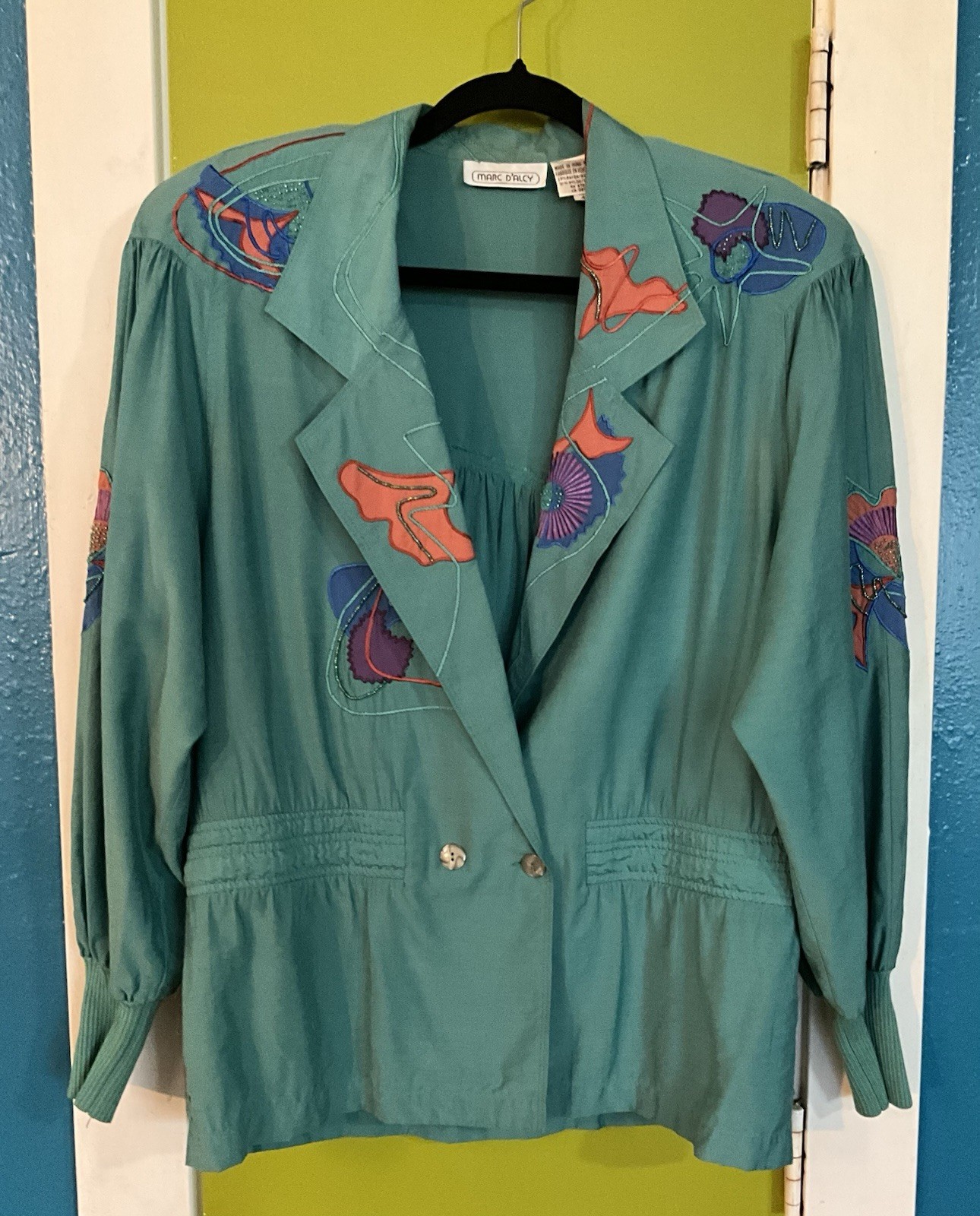 Vtg 80s Marc D’arcy Jacket Embroidered Beaded Applique Shoulder Pads Sz 4 Button