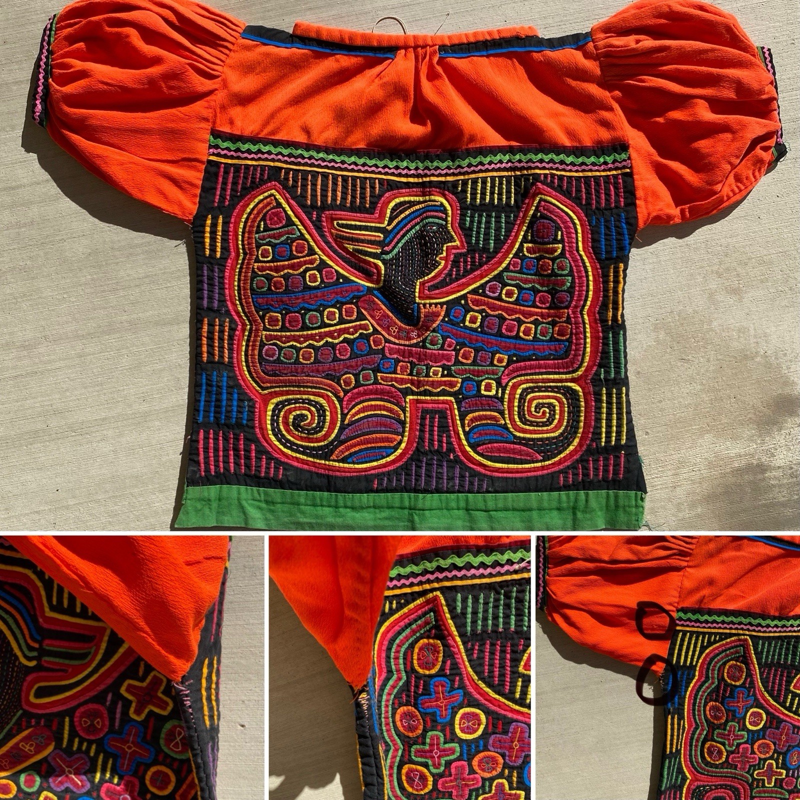 Vintage Kuna Mola Blouse Reverse Applique Winged Figure Panama Folk Art Top
