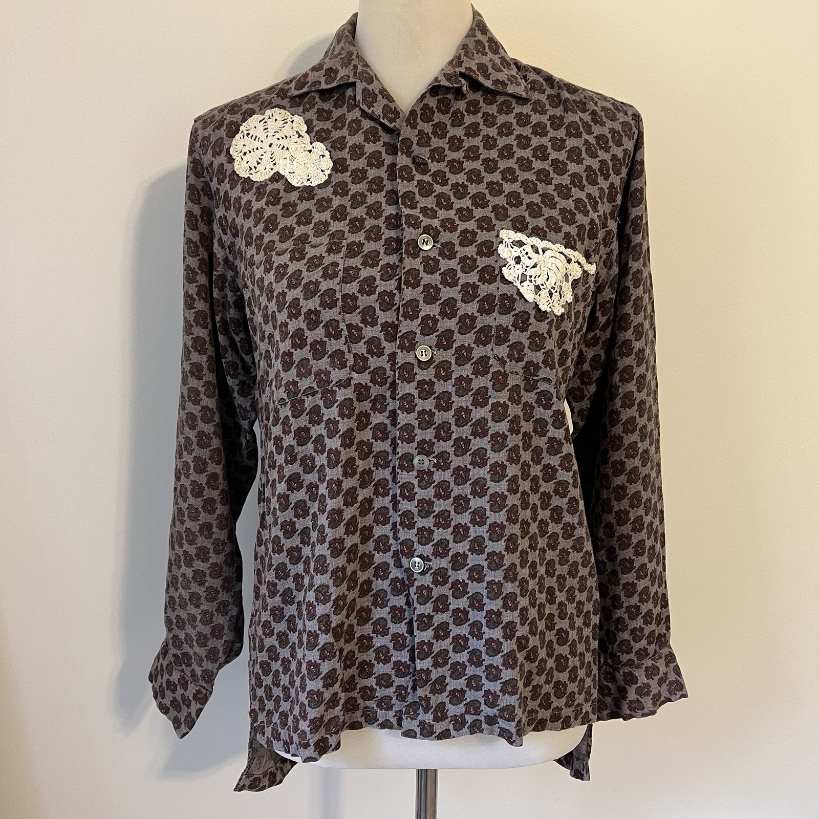 Vintage 50s 60s McGregor Paisley Button-Down Shirt Small Purple Grey Long Sleeve