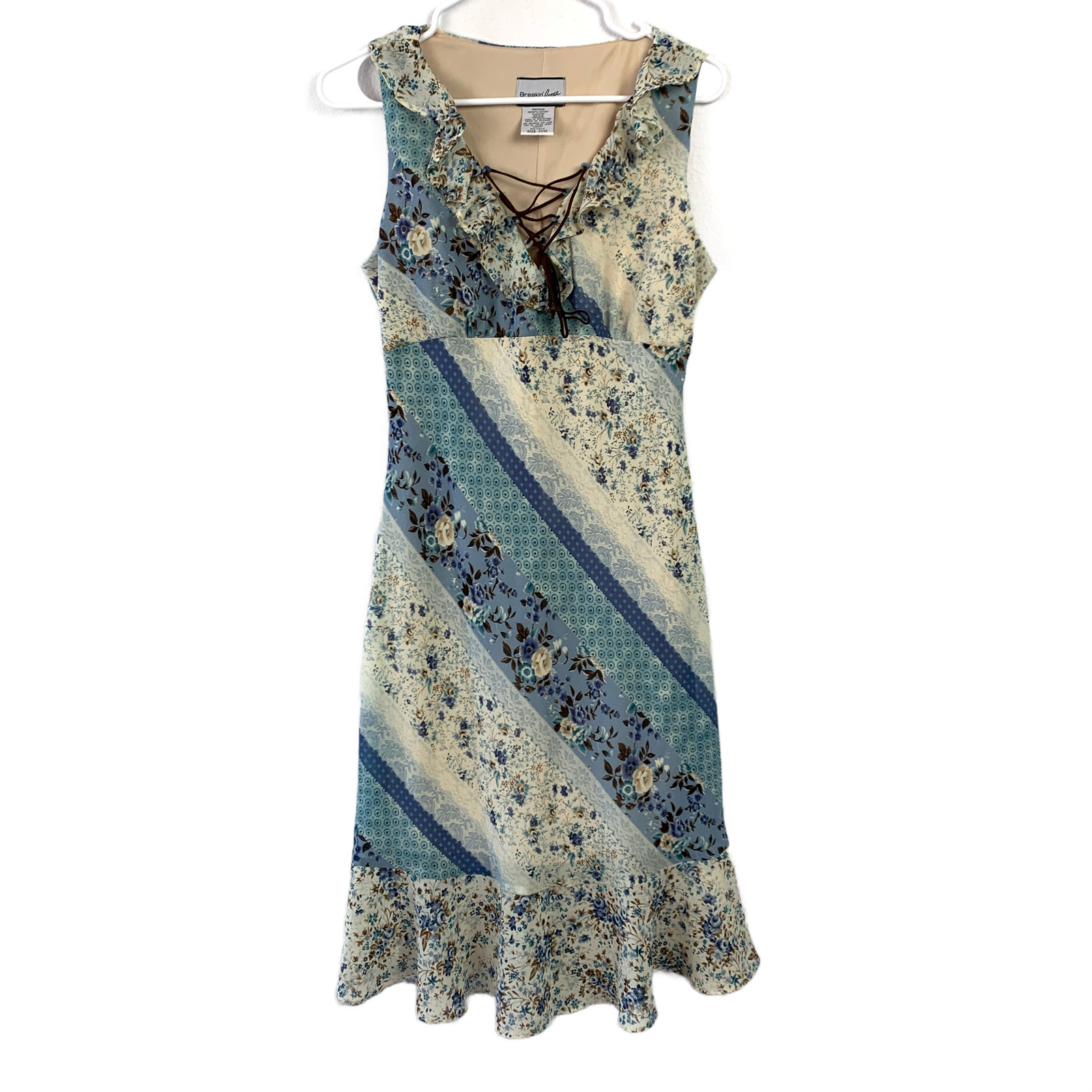 Breakin’ Loose Vintage 90s Y2K Blue Floral Patchwork Lace-Up Ruffle Midi Dress