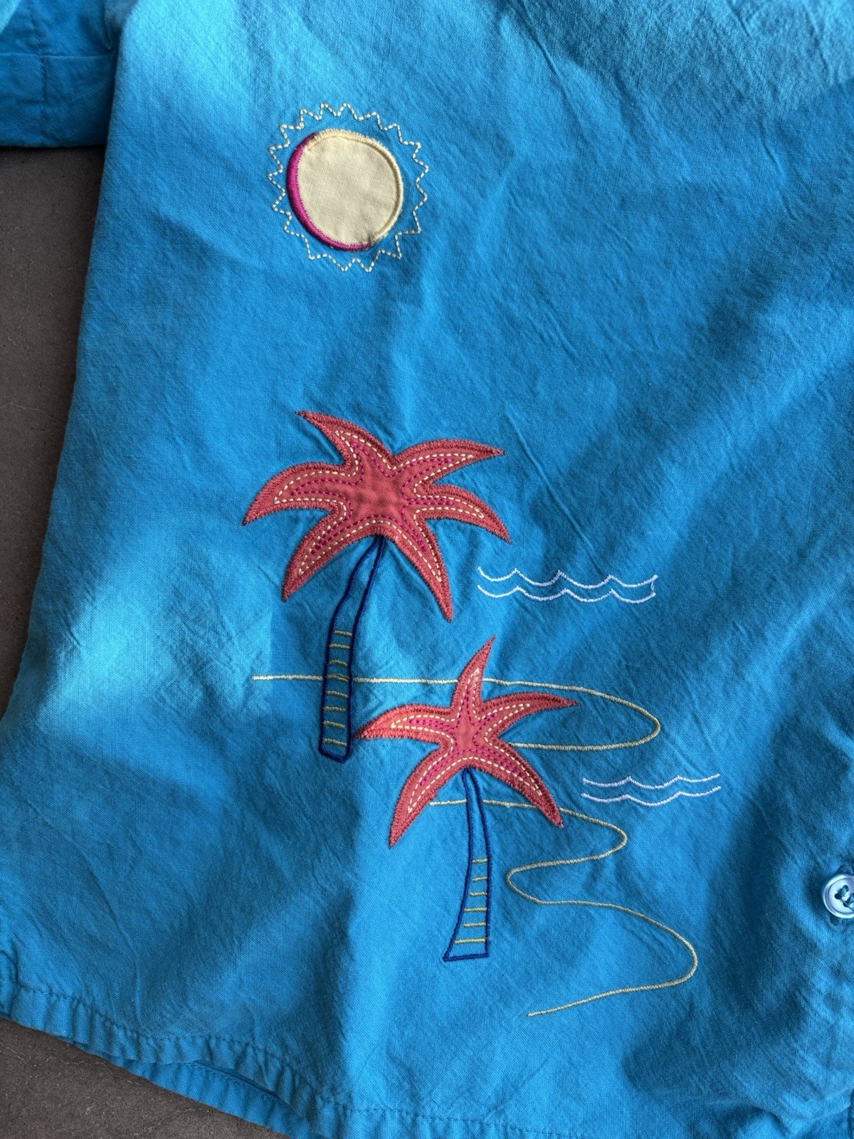 Vintage 100% Cotton L/XL Turquoise Shirt Sailboat Palm Tree Sun Embriodery