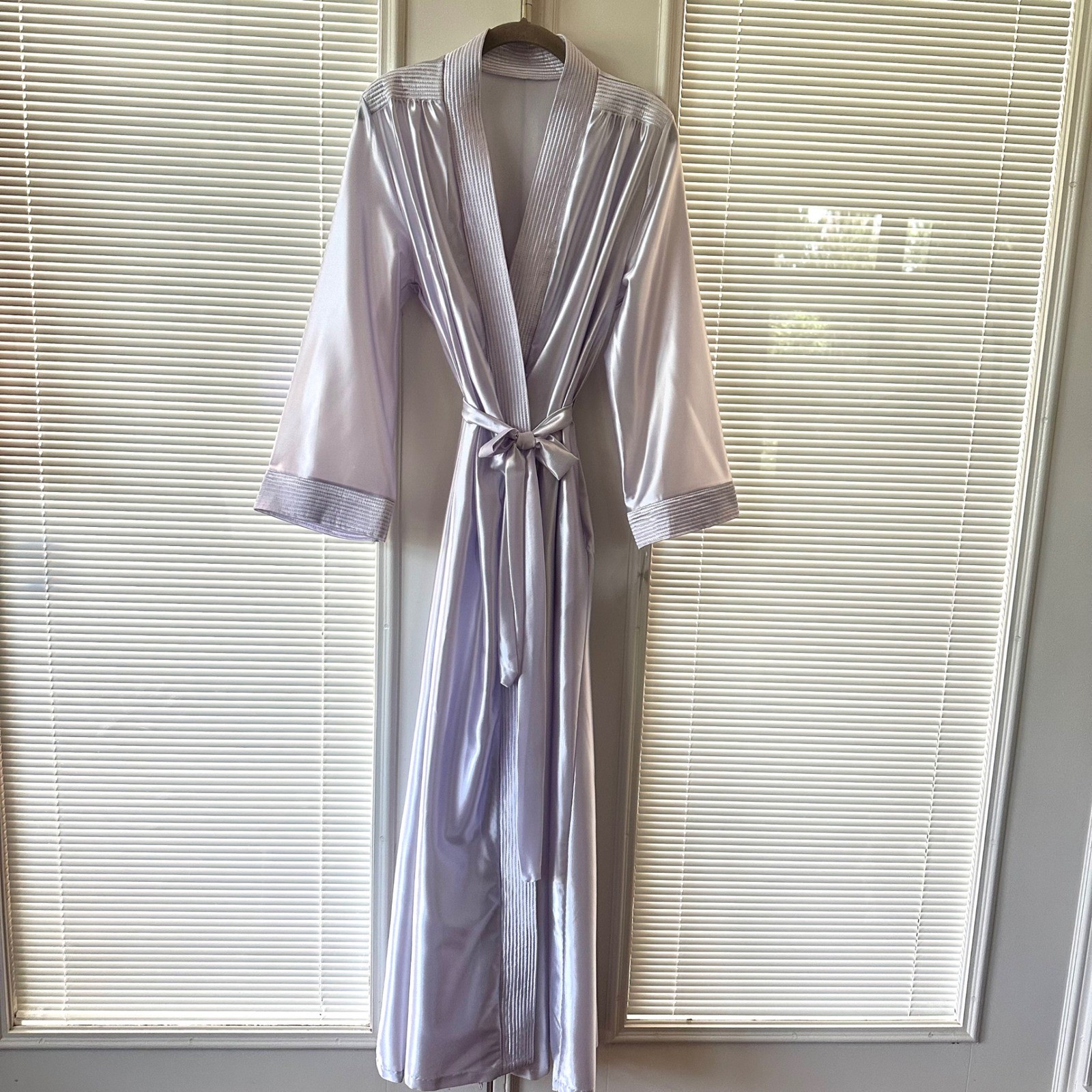 Vintage NWT At HomeWear M Robe Pockets Lavender Satin Floor Length Long Maxi USA