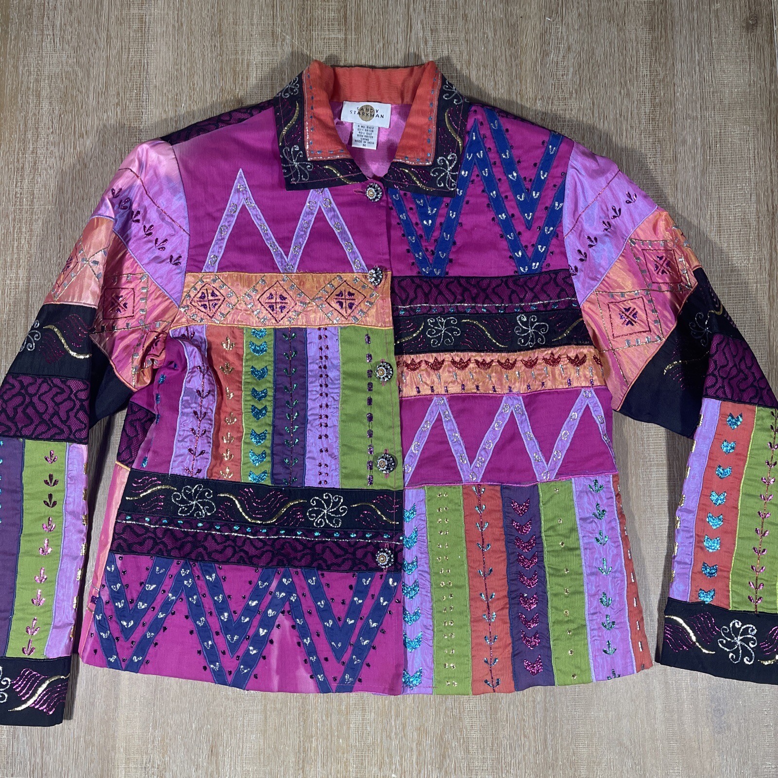 Vintage Sandy Starkman M Purple Artwear Jacket Coat embroider Silk Patch C3-11
