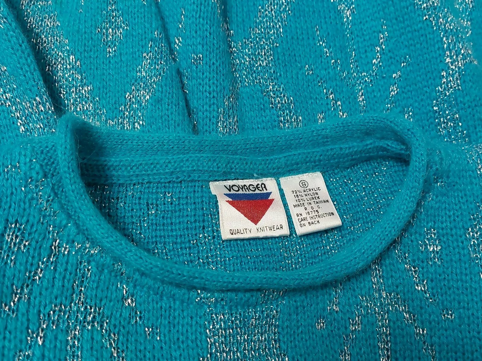 Vintage 80’s Voyager Sweater Aqua Blue w Silver Metallic Thread Acrylic Size S