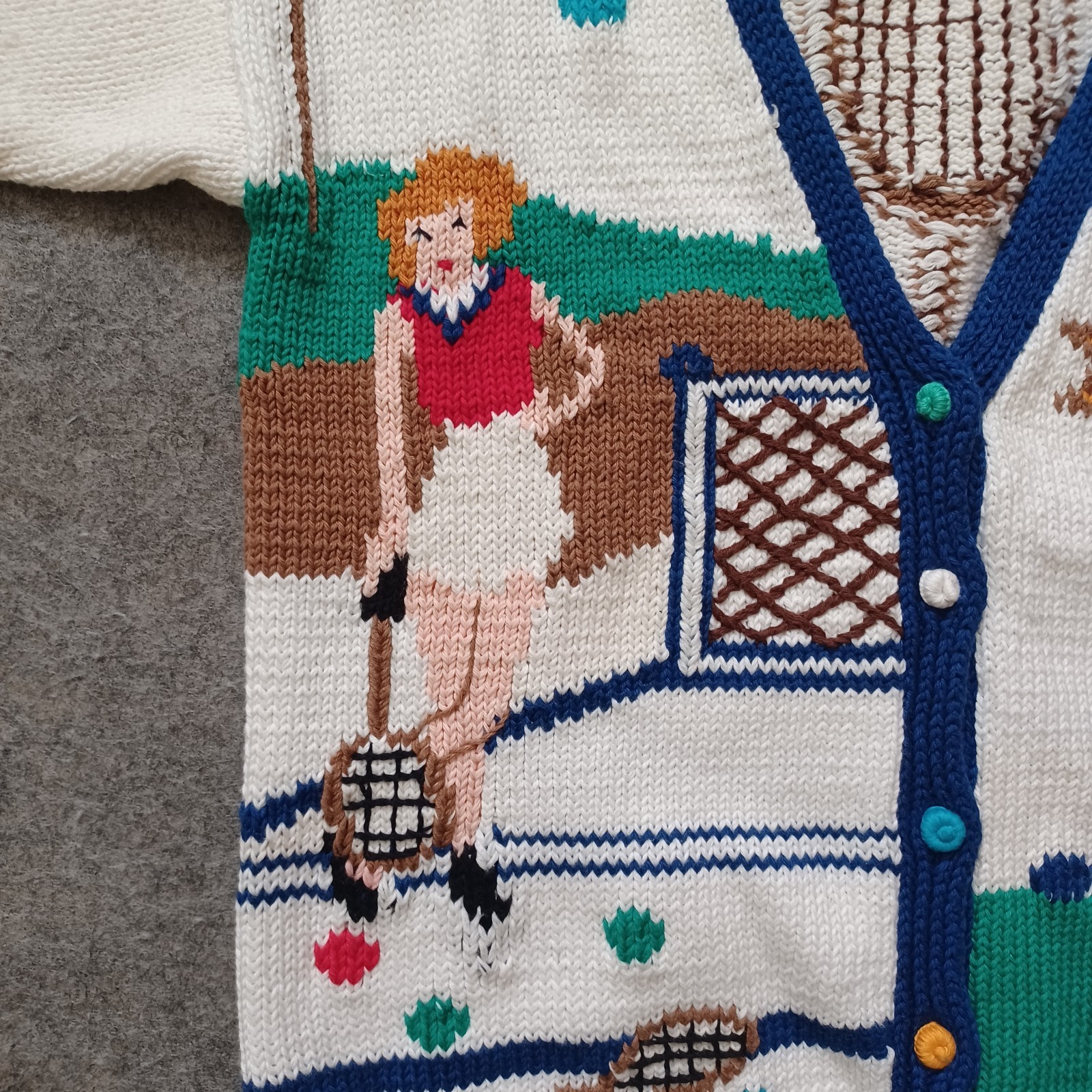 Vintage Lumy Cardigan Sweater Womens Large Tennis Game Theme Hand Knitted 80s