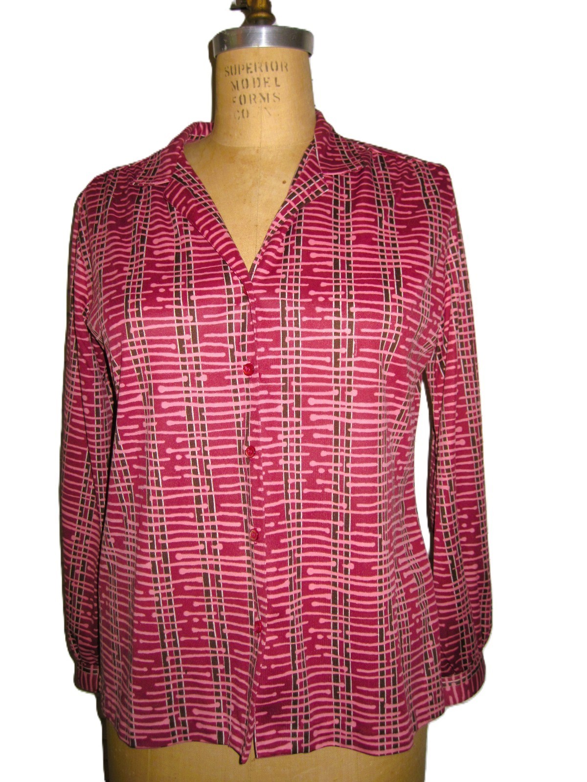 1970s VERA Neumann Pink Merlot Brown White Wavy Geometric Print Blouse Top