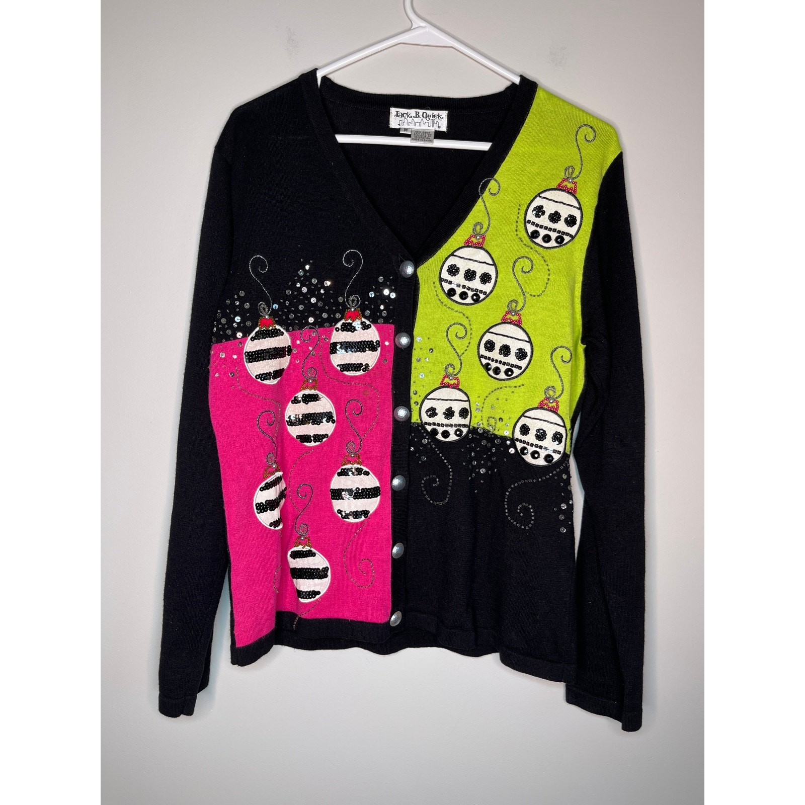 2000s Jack B Quick Pink Lime Green Sequins Bling Christmas Ornaments Cardigan M
