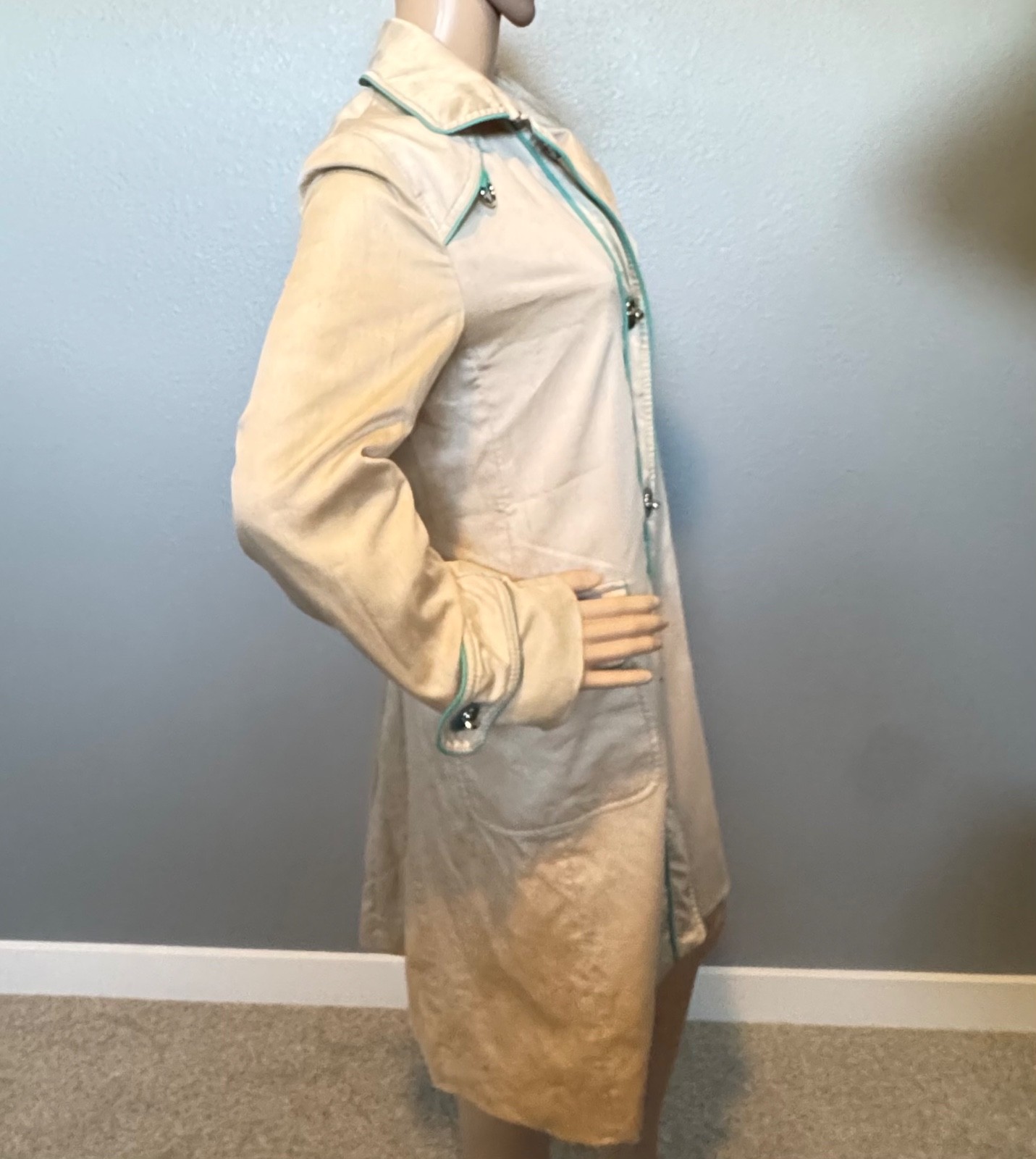 Vintage Coach Trench Coat with Teal Leather Trim and Polka Dot Lining Size 4