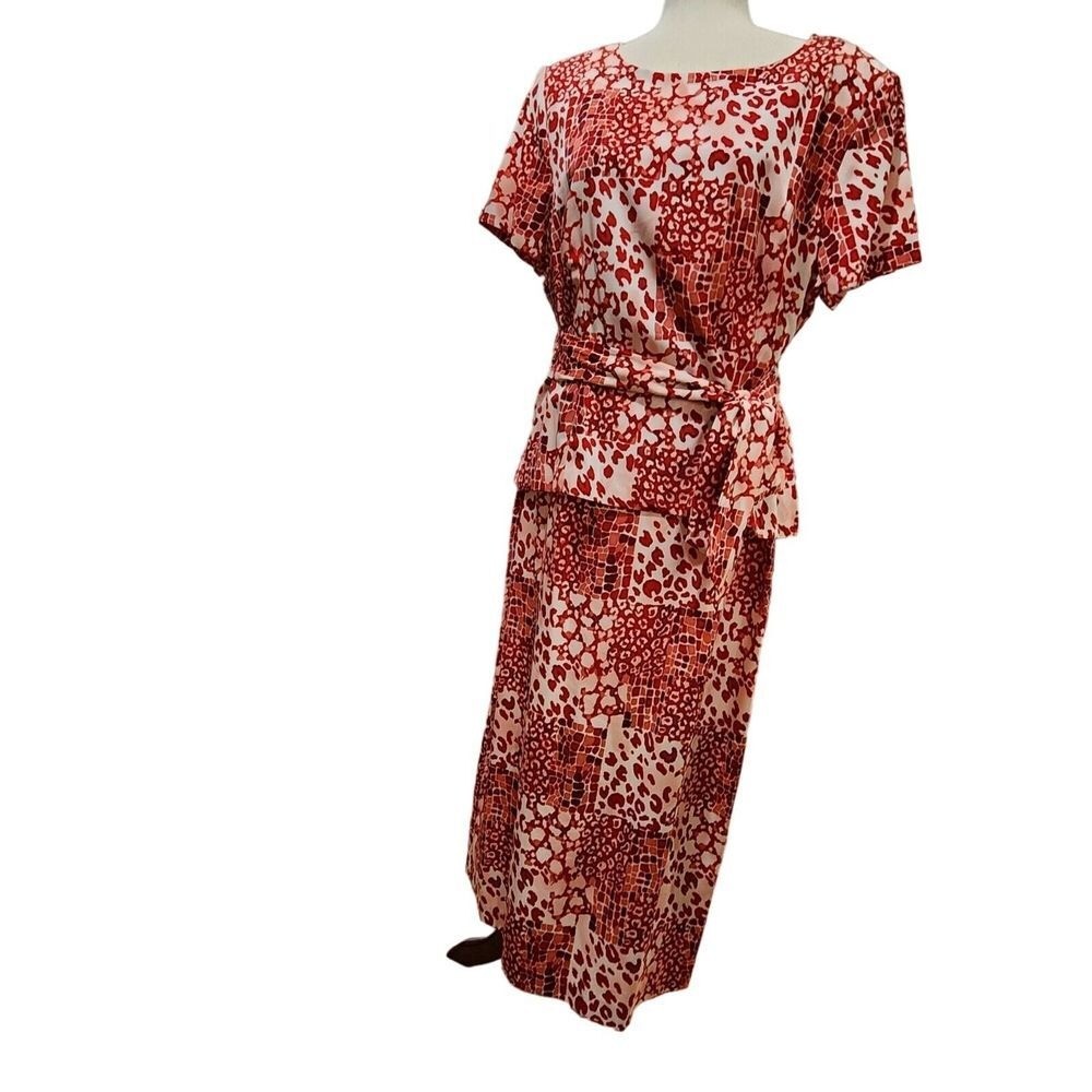Vintage 90s Sag Harbor Missy Red Printed Midi Belted Dress Size 16