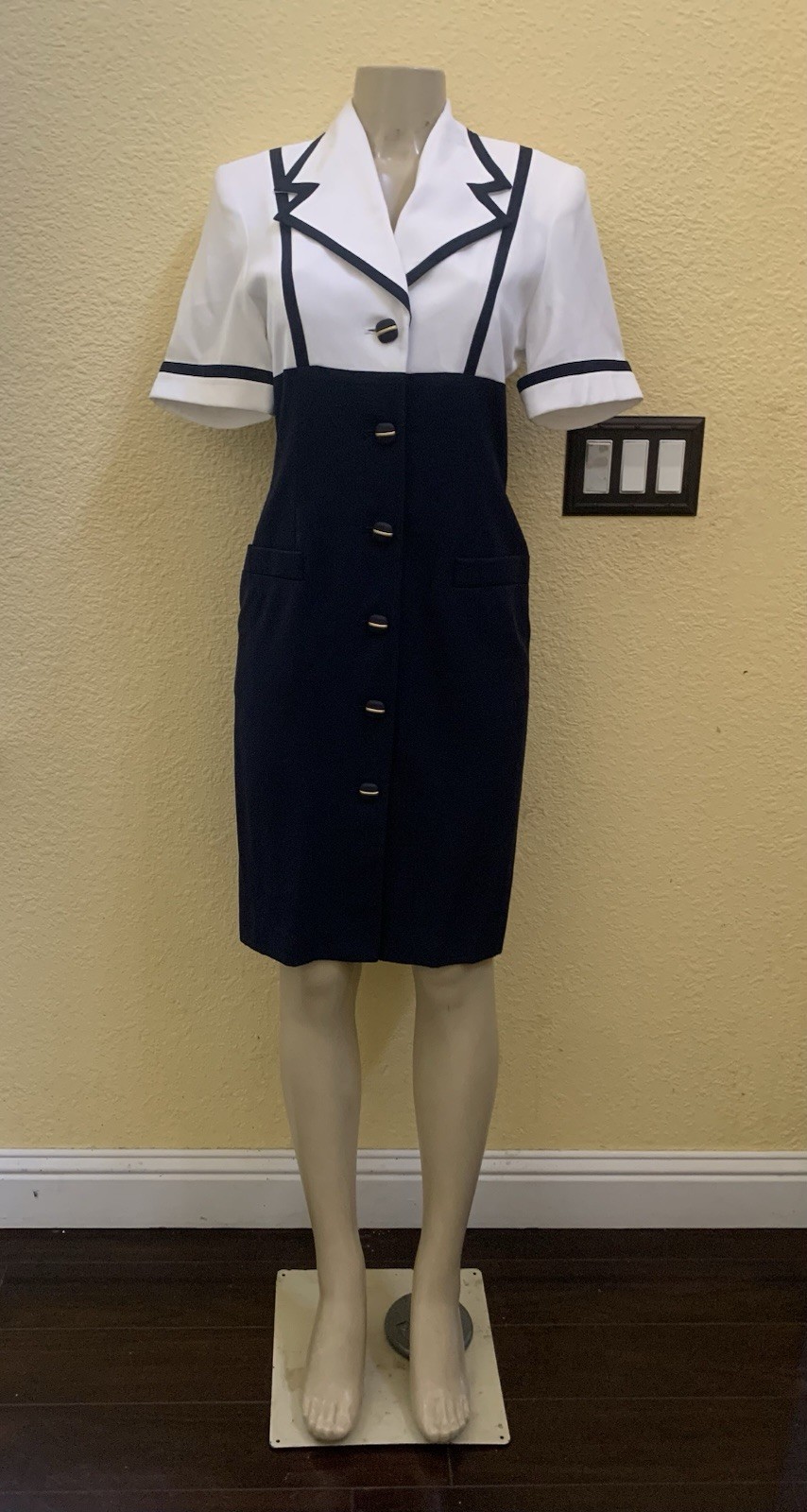 VTG Kasper For A.S.L Size 6 White & Navy Blue Colorblock Classy Secretary Dress