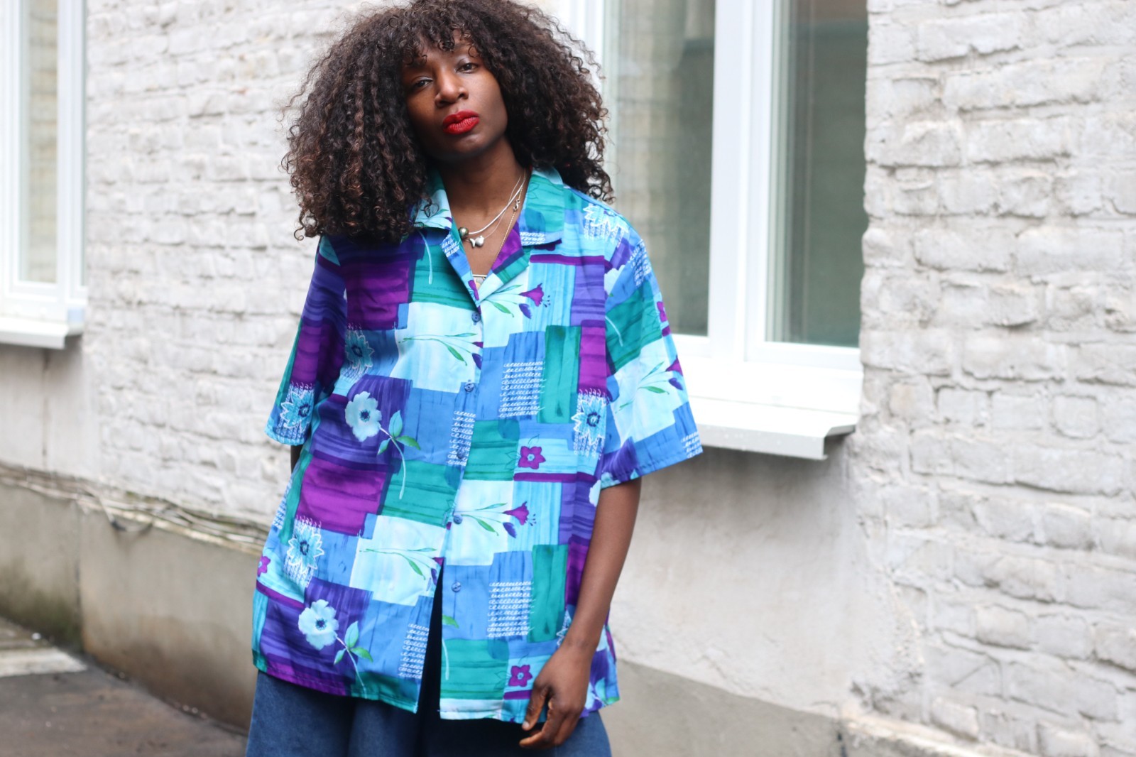 Vintage Blouse Abstract Pattern Blue Purple 90s Oversized Short Sleeve Shirt L