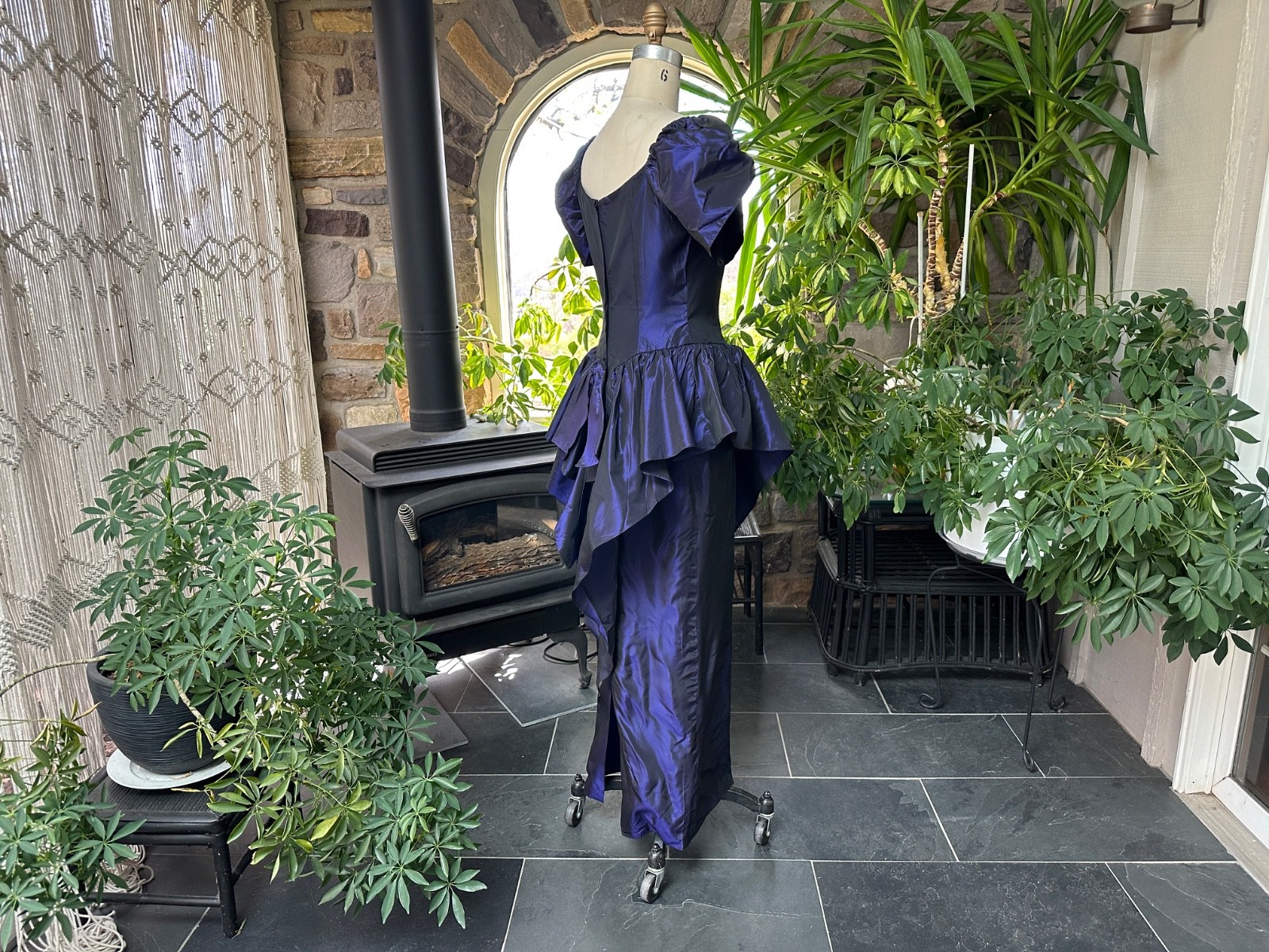 Vintage 1980s Purple Iridescent Taffeta Sequin Drop Waist Formal Maxi Dress