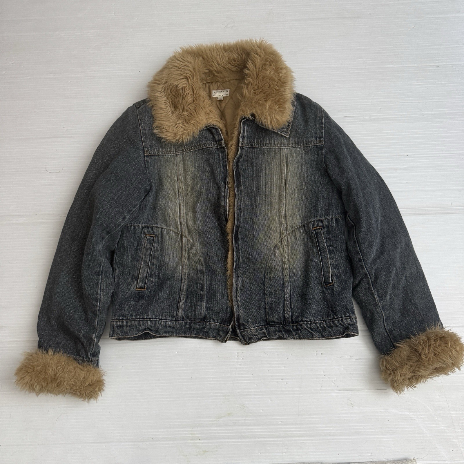 1990s GIACCA Gallery Denim Jacket w/Faux Fur Collar Cuffs Trim Zippered Size L