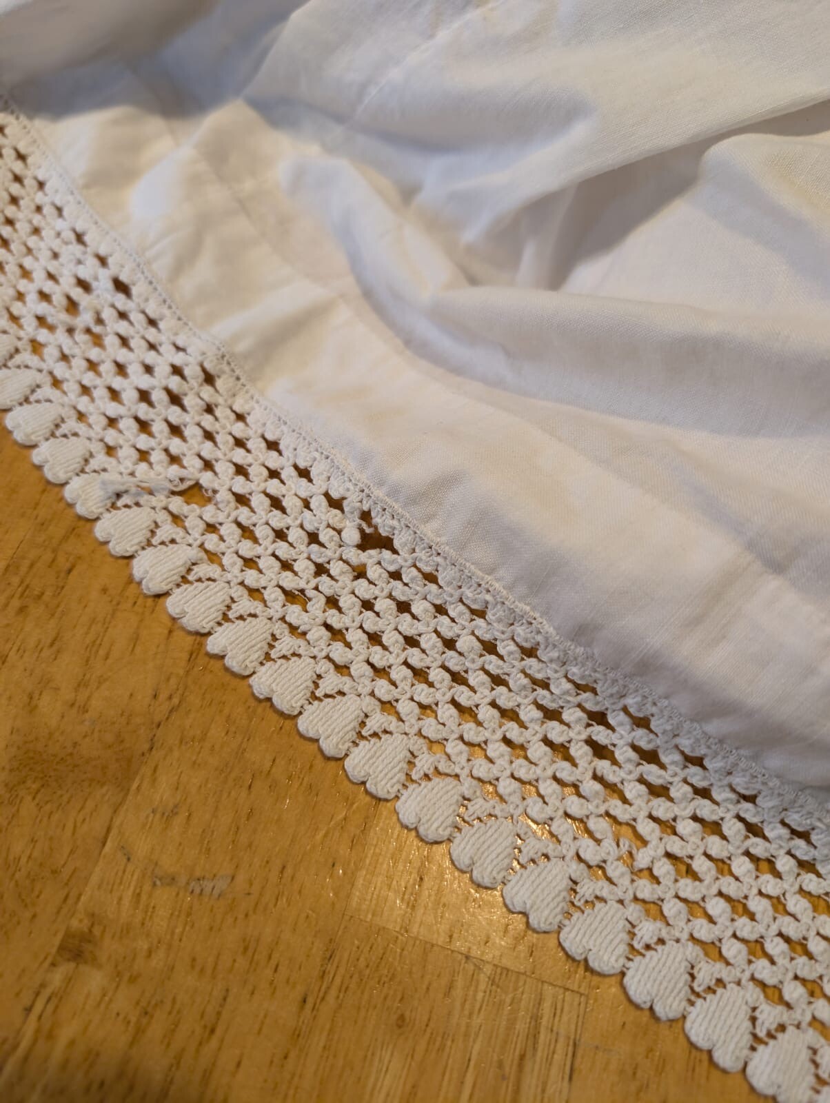 HAND SEWN MID 19TH C WHITE  PETTICOAT SKIRT W SAWTOOTH INSERTION & HEART LACE 