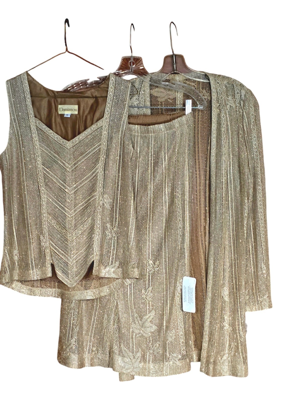 New Vintage Damianou Golden Knit 3 PC Set Skirt Jacket Top S Deco Look