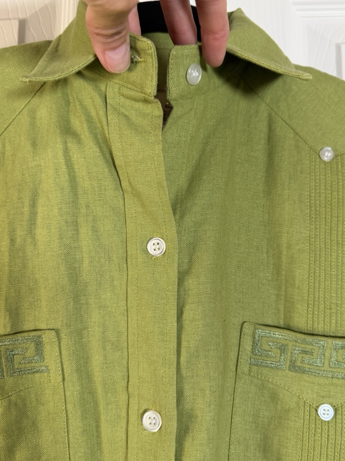 Vintage Panama Souvenir Guayabera Shirt S 55% Linen Cotton Green 4 Pocket