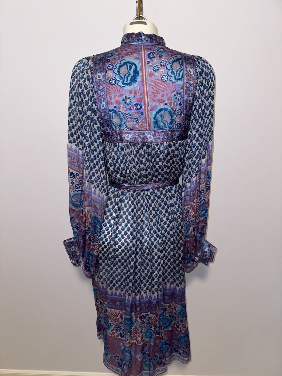 Vintage 70s Ritu Kumar Judith Ann Silk Block Blue Kaftan Dress XS Balloon Sleeve