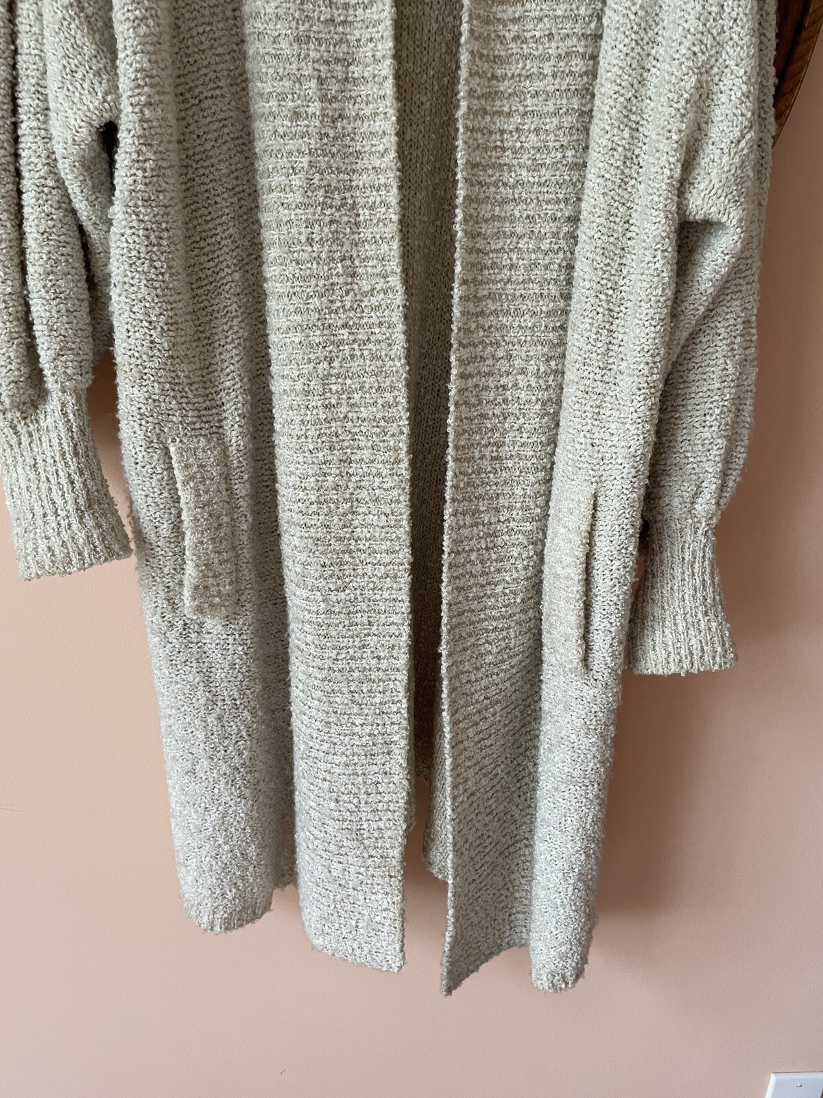 90s Vintage Acrylic Knit Light Beige Pockets Open Front Sweater Jacket L/XL