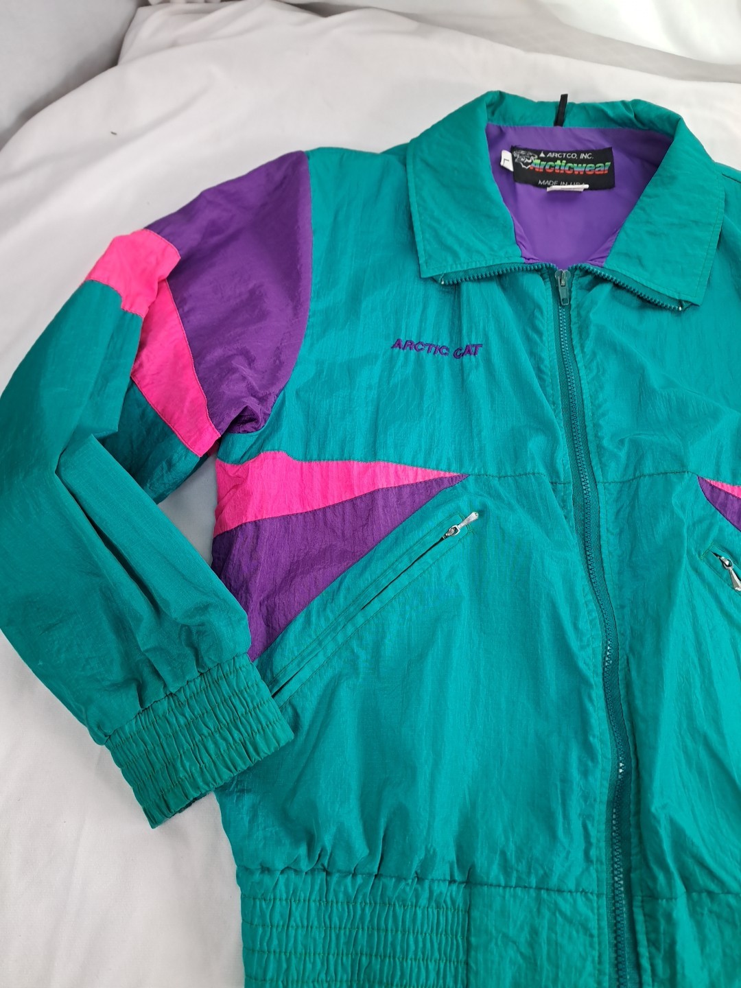 Vtg 80s 90s Womens Arcticwear Cat Teal Geometric Large Colorful Colorblock Pink