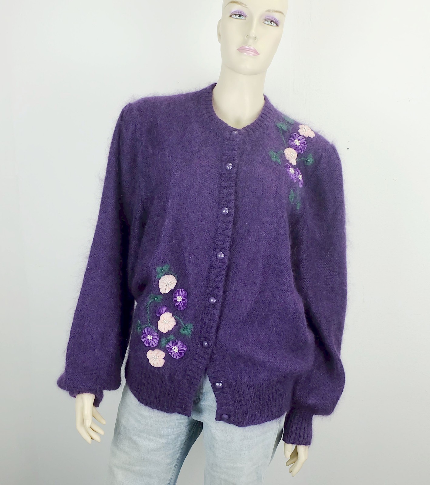Cardigan cardigan 80s vintage purple mohair velvet beads size M Adriano Viarengo