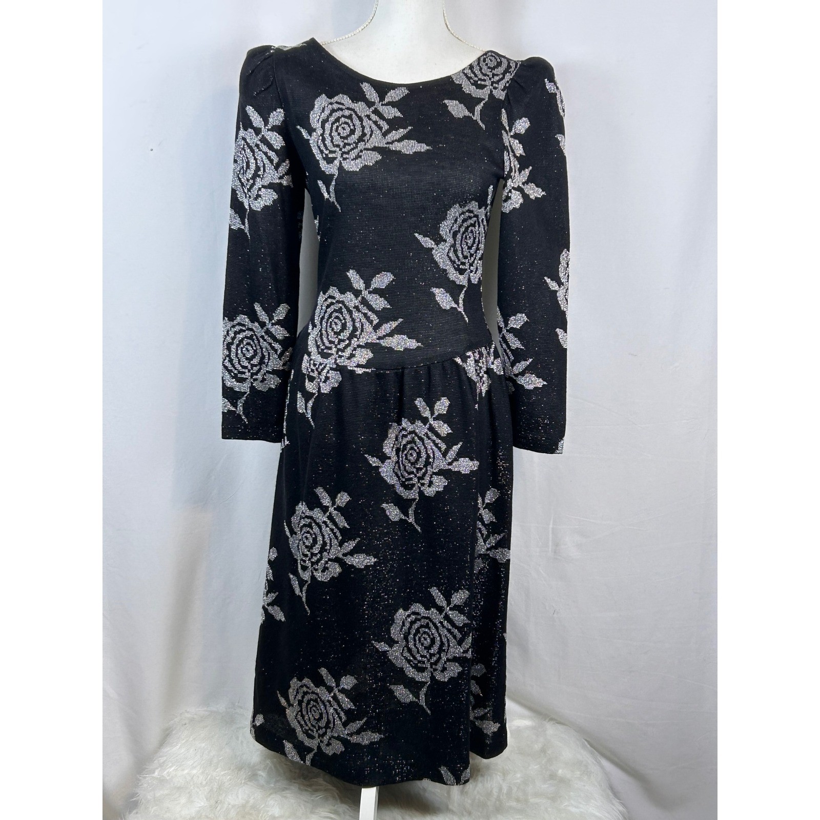 Vintage Hot Line Arlene Murry Black Silver Metallic Rose Knit Midi Dress 9/10