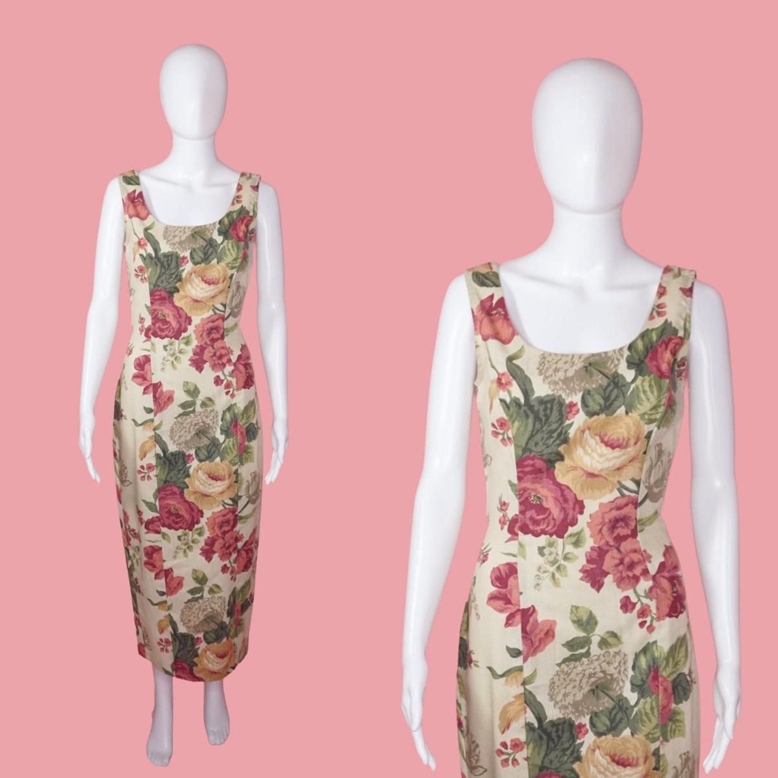 1990s RAMPAGE Floral Printed CABBAGE ROSE Print Bouquet Wiggle Maxi Dress. Small