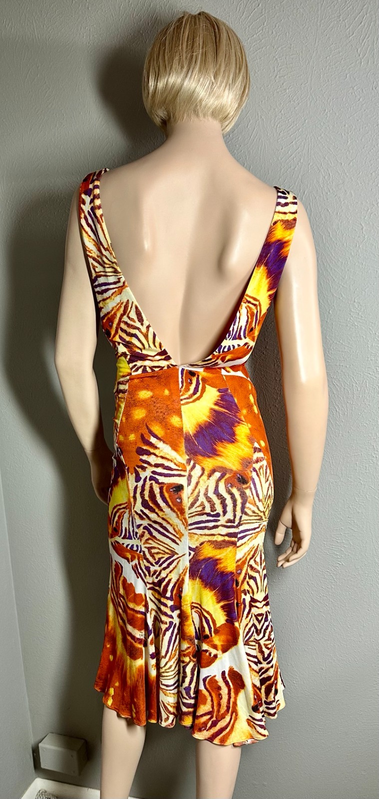 Vtg Just Cavalli Tiger Butterfly Knit Asymmetrical Midi Dress Size 42 Body Con