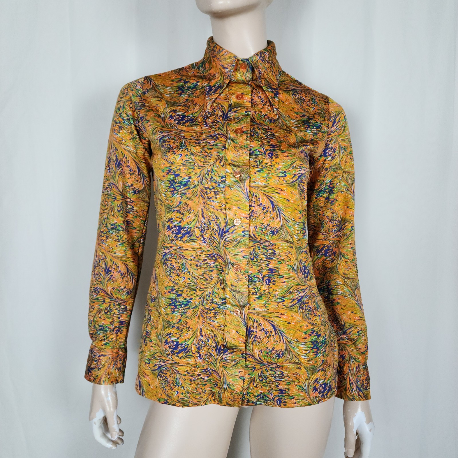 Vtg 70s psychedelic poly button up shirt blouse M/L Hudson’s Bay Company