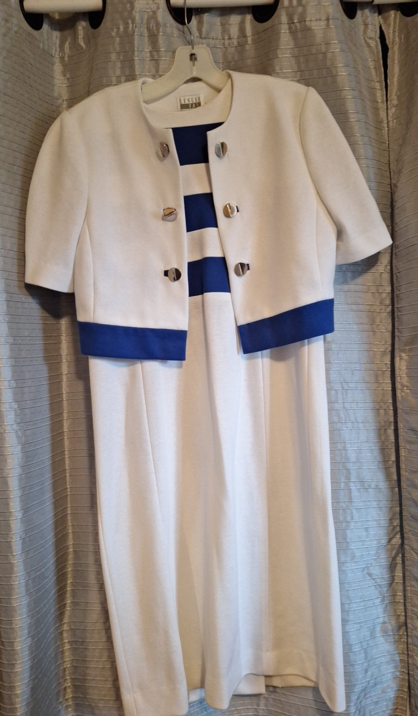 Vintage Womens Blue & White Dress With Jacket Sz 12 LESLIE FAY Collections
