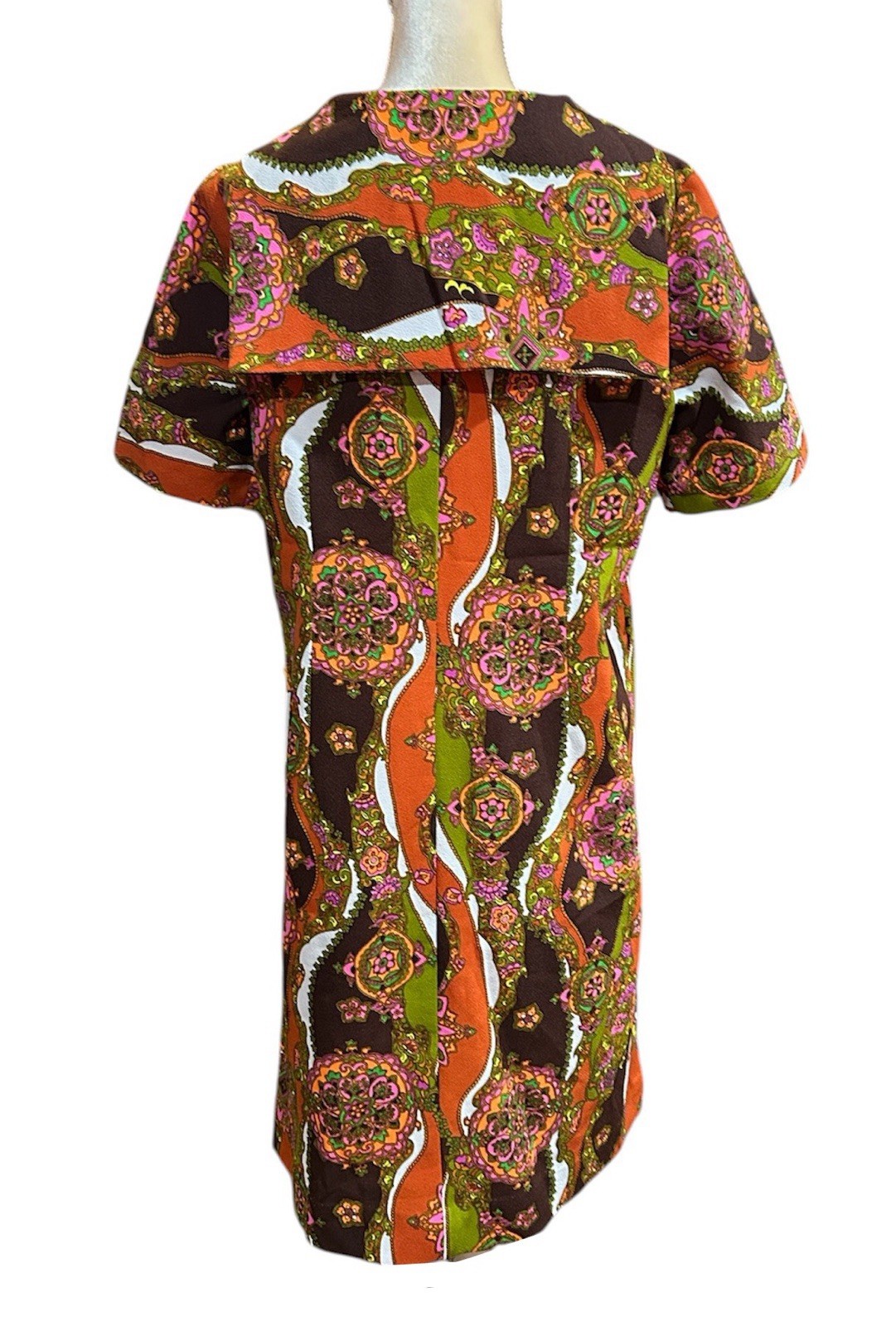 Vintage 70s Retro Mod Psychedelic Shift Dress Poly Knit Handmade Womens L *Glows