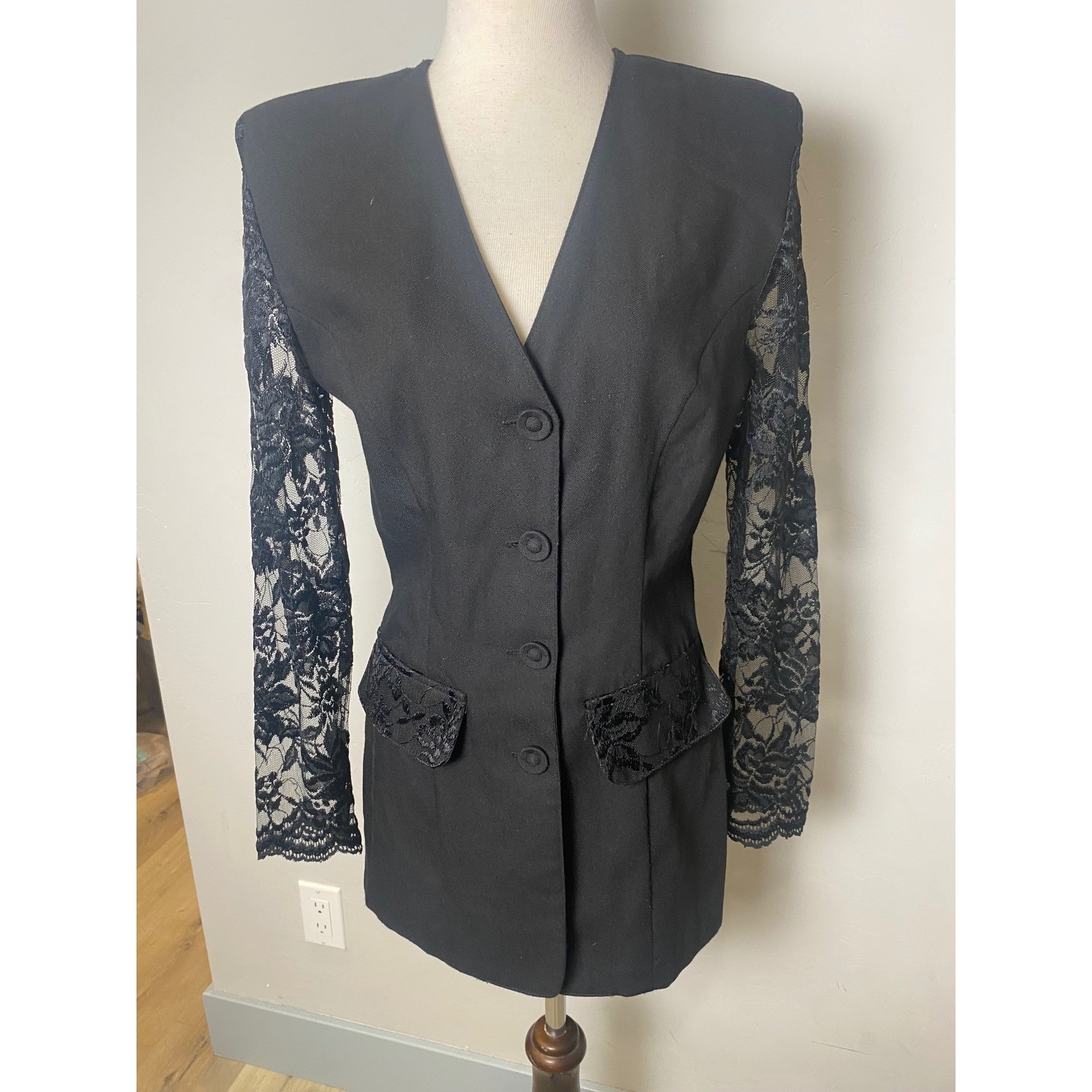 Francine Browner Vintage 90s Black Lace Sleeve Blazer Dress Longline Jacket 6