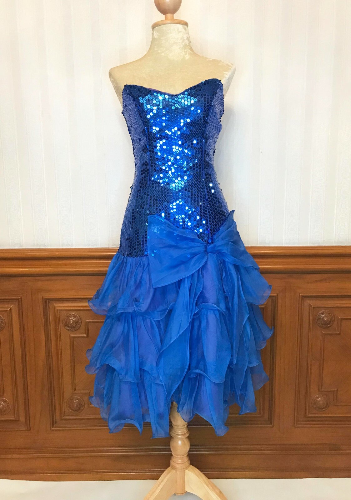 Vintage Nadine Sequins Strapless Prom Party Dress Gown Blue Sz 5 USA Union ilgwu