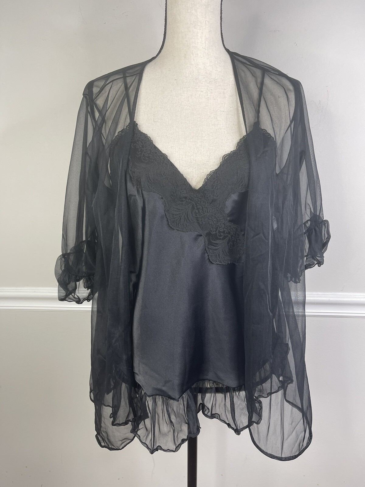 Vintage DELICATES Liquid SATIN Lace Cami Peignoir Black Large Chiffon Set Sexy