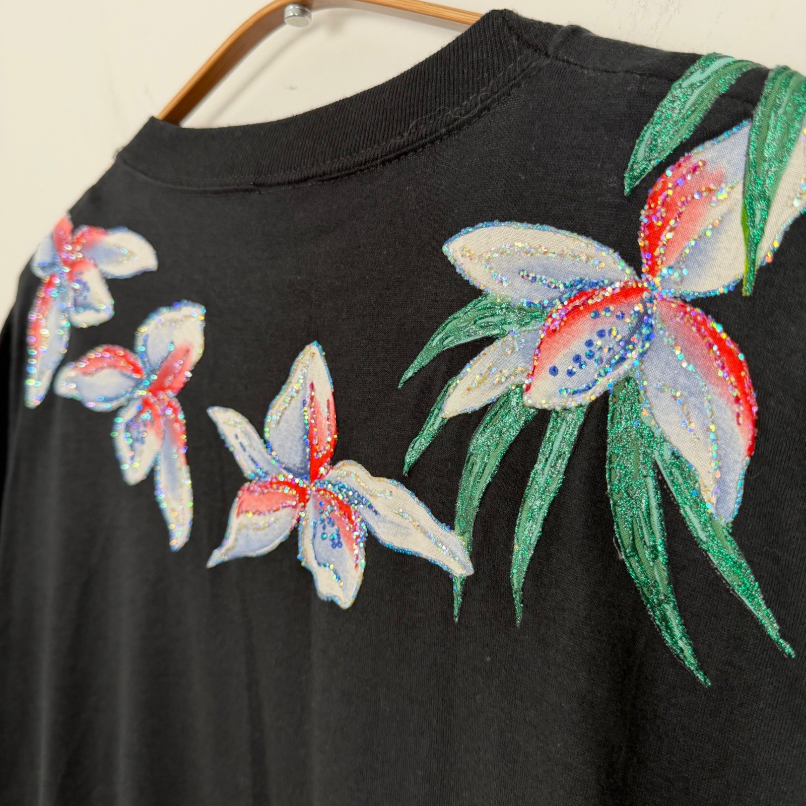 Vintage Jerzees Tropical Wearable Art Parrot Glitter T-Shirt Dress Black XXL 90s