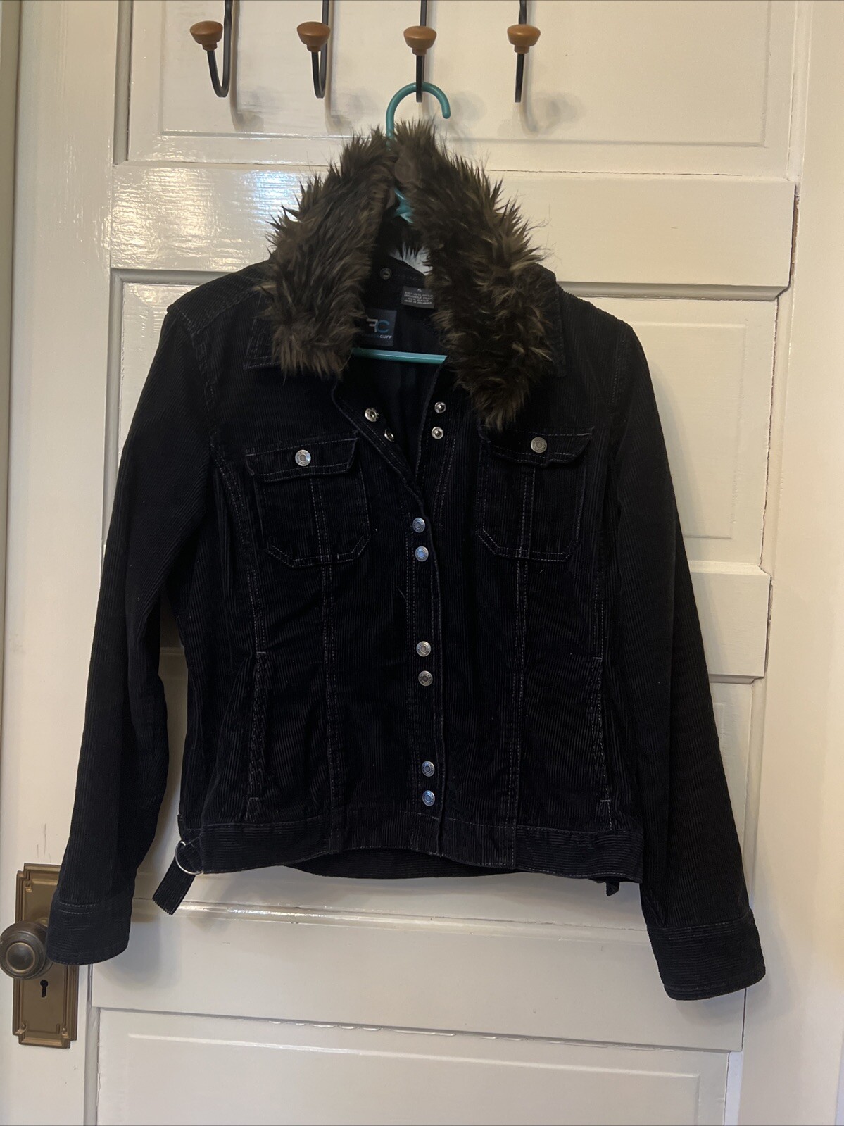 Trucker Jacket Vintage French Cuff Womens Size P L Black Corduroy Faux Fur Trim