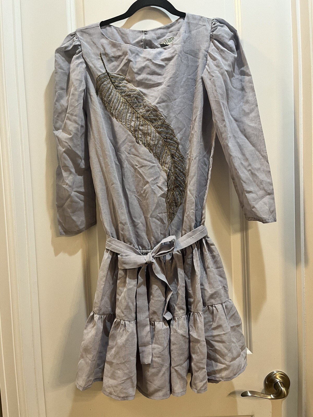 Vintage 1980s B. VerdeBlanco Dress Small Drop Down Waist Gold Leaf Embroidered