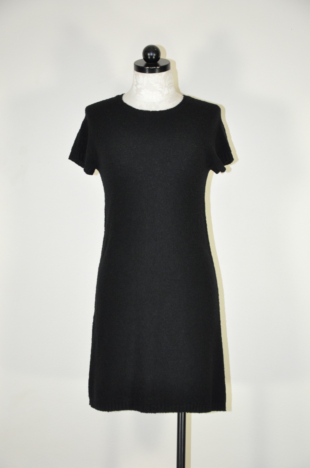 90s Vintage DKNY Black Wool Mohair Short Sleeve Knit Sweater Mini Dress Women S