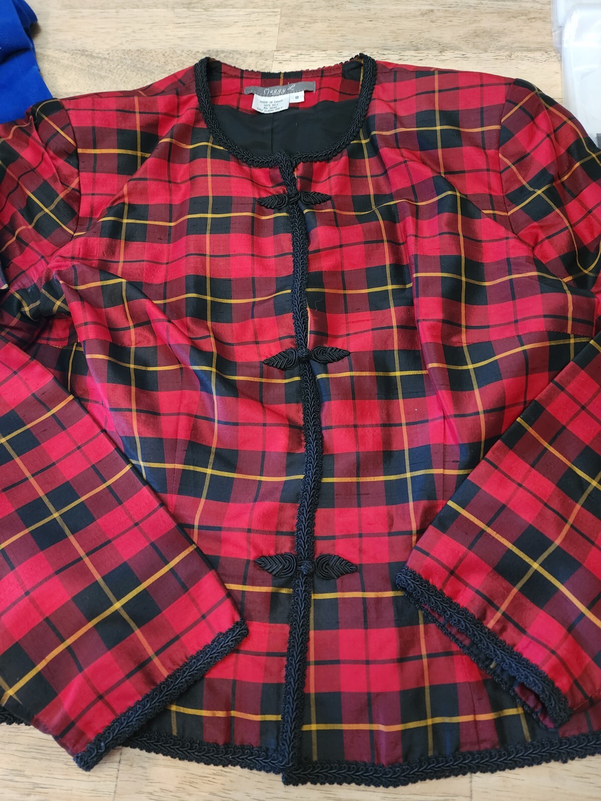 Maggy L Red Black Plaid Silk Blazer Jacket Vintage Women’s Size 8