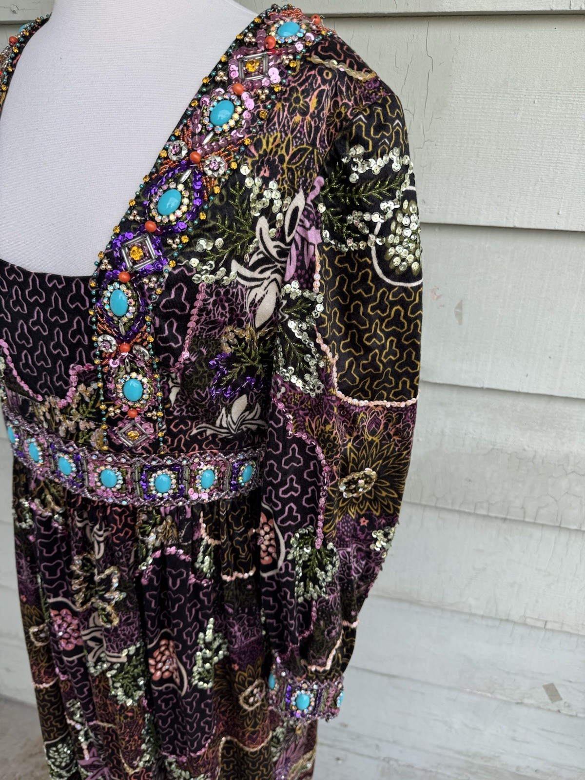 70’s Valentina Ltd Embellished Maxi Dress 12 Boho Sequin Jewels Hostess Gown 28”