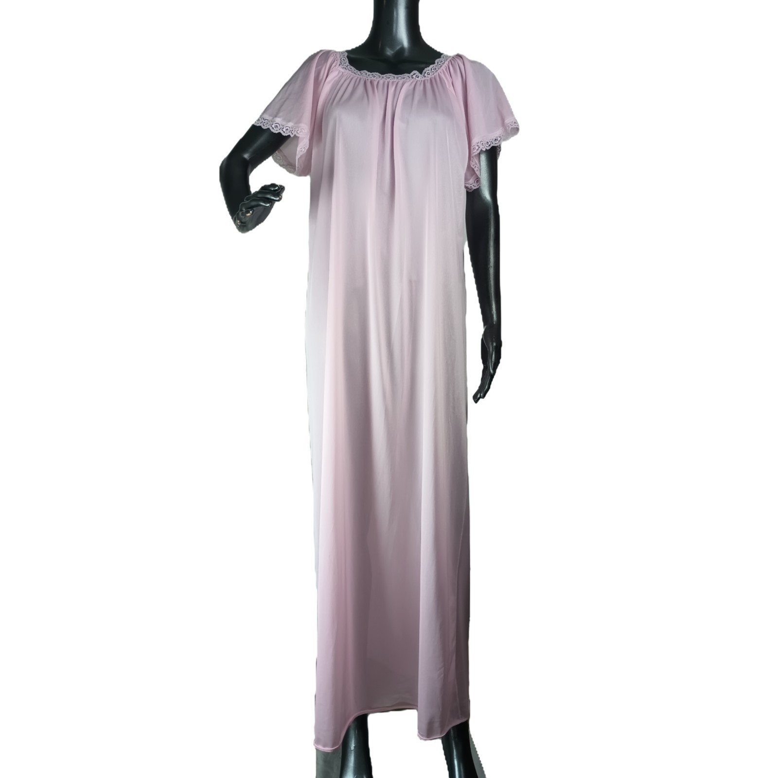Vtg Sheer Pink Full Length Nighty With Rose Lace Trim Peasant/Baby Doll Size L