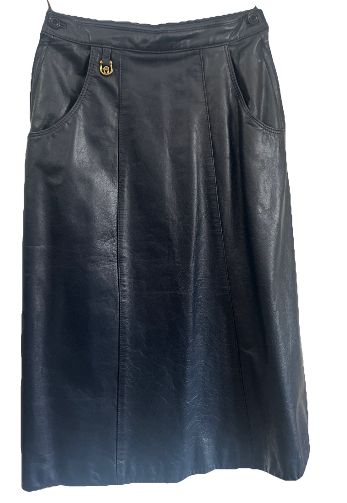 Long Etienne Aigner Leather Skirt Vintage 70s 80s S Navy Blue