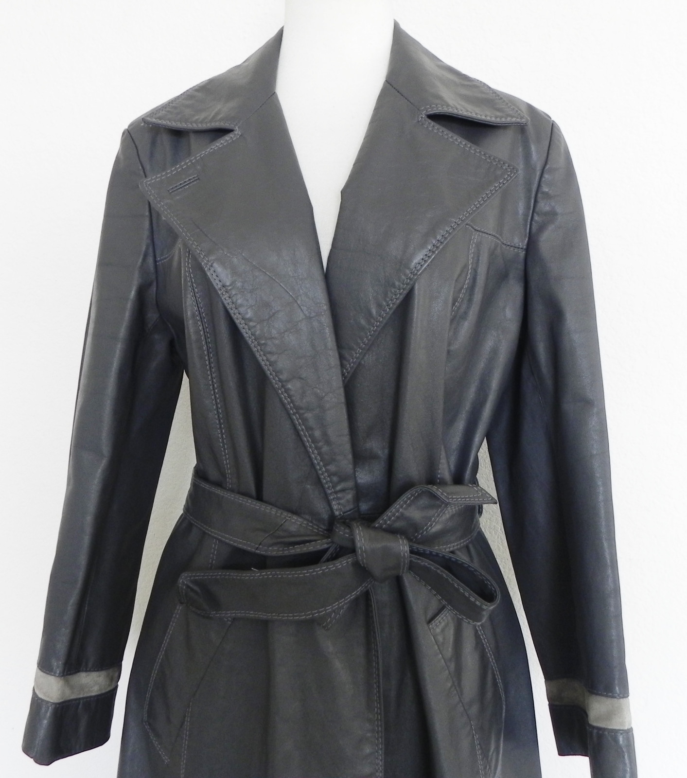 The Tannery Montgomery Ward Leather Overcoat Pockets Gray Midi Belted Size M