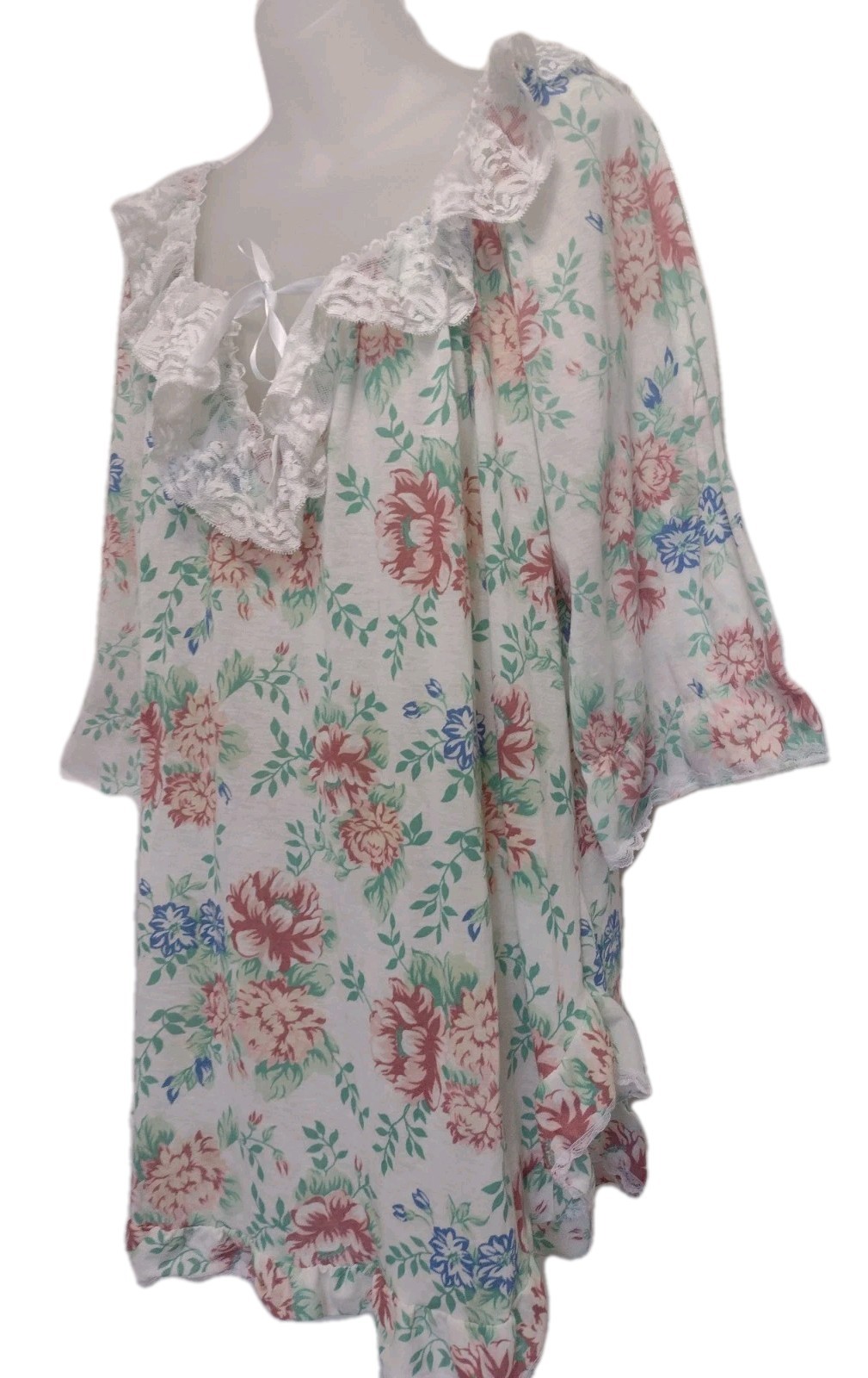Vintage 60s 70s Floral Babydoll Nightgown Lace Trim Brushed Poly Cottagecore M/L