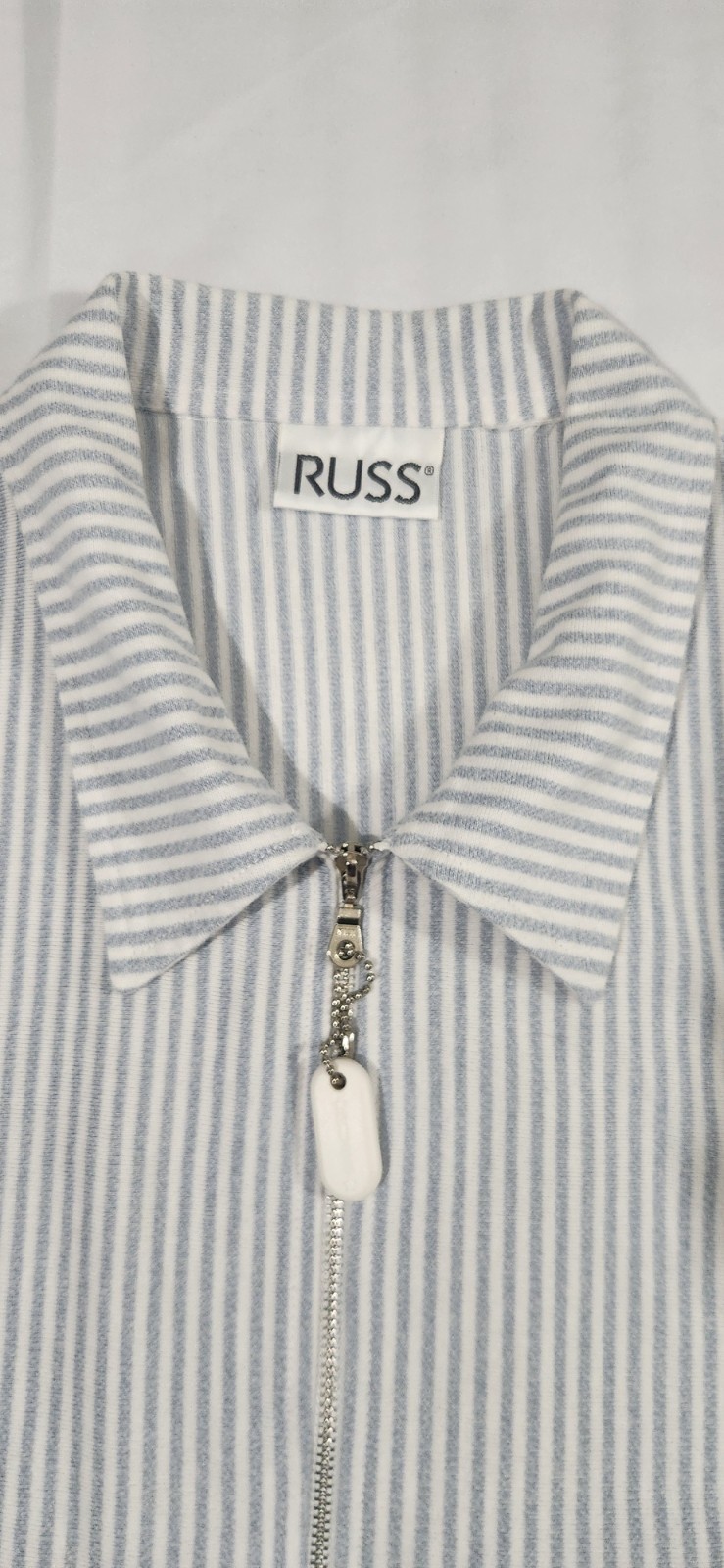 Vtg Russ Zip Up Long Sleeve Collared Shirt Jacket Blue Striped Linen Blend 22×26