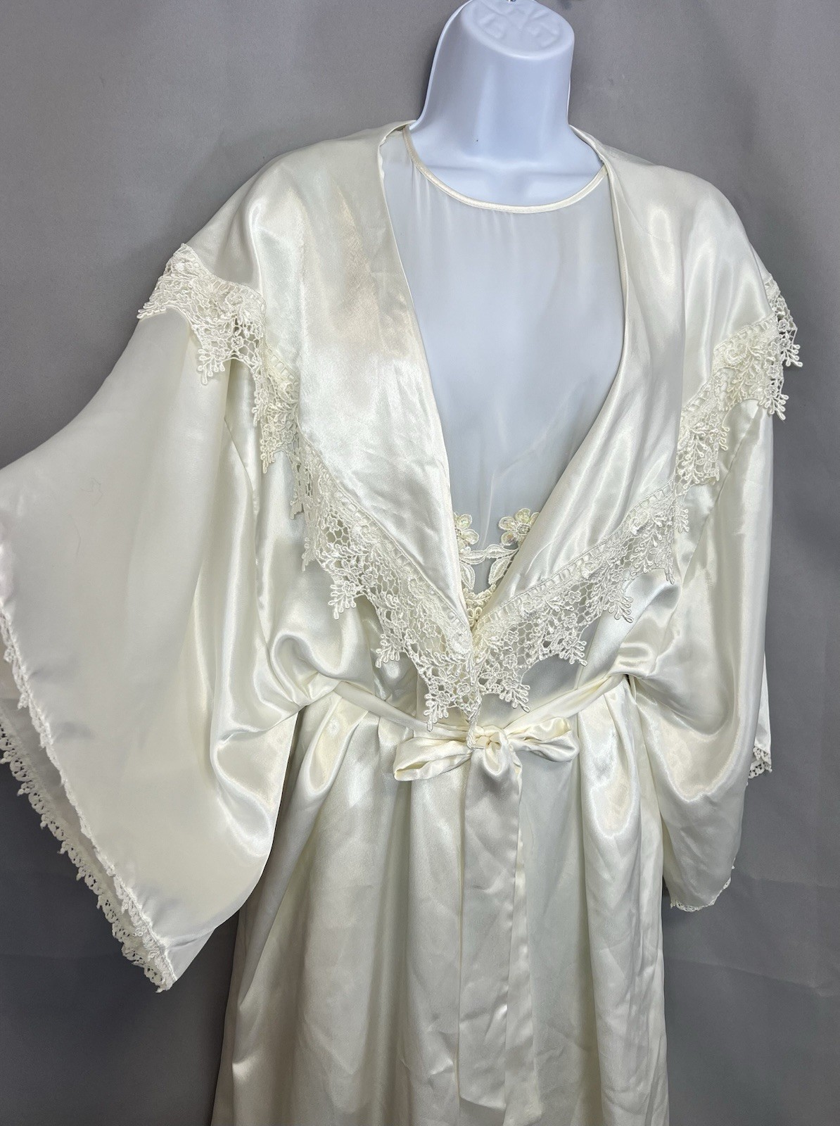 VTG Jessica Lynn Collection Women Set Robe Night Gown Satin L Ivory Chiffon Y2K