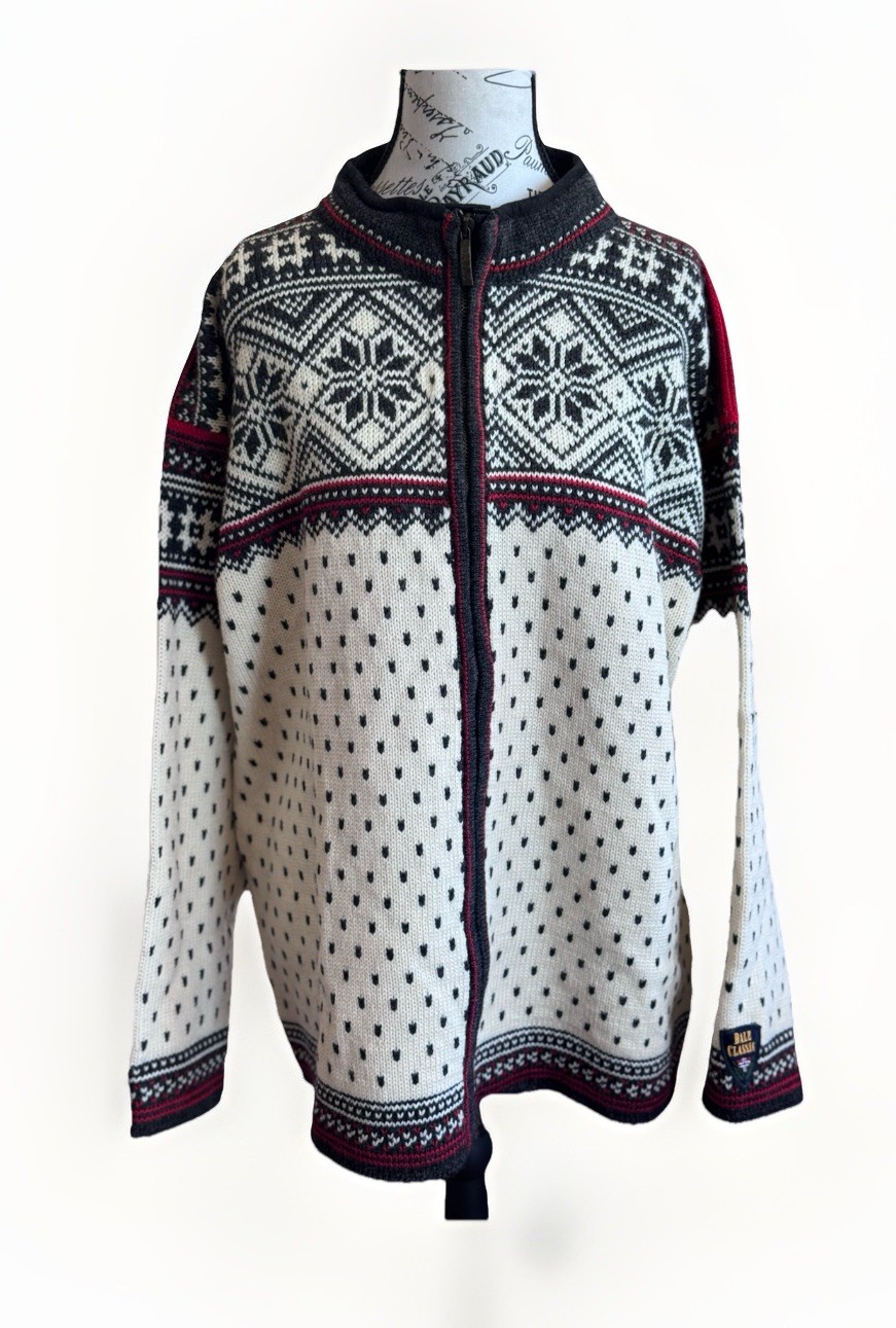Dale of Norway Wool Zip Black Beige Snowflake Red Winter Trim Sweater Jacket L