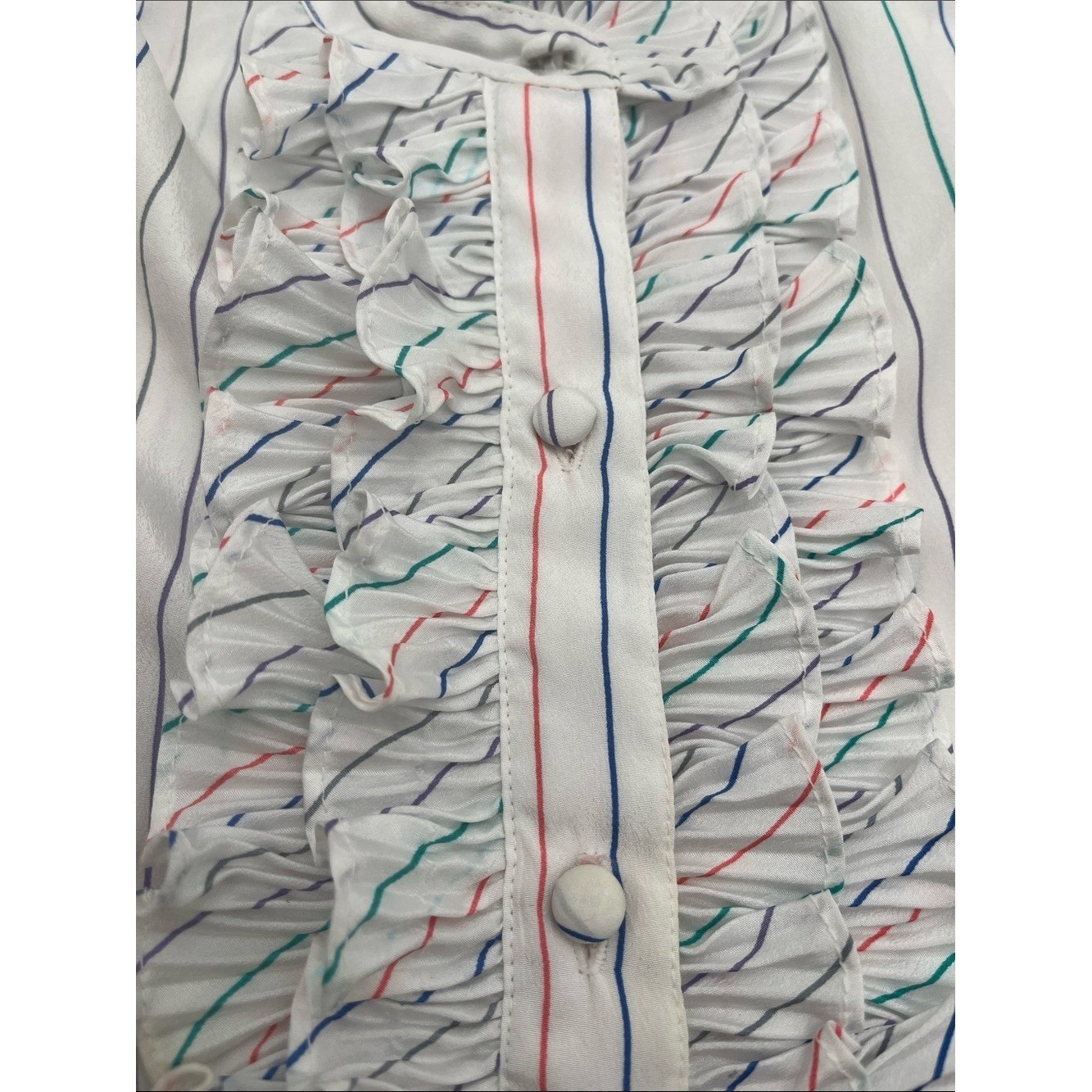 Women’s Vintage White Multi-Stripe Ruffle Button-Down Shirt by Amelia B