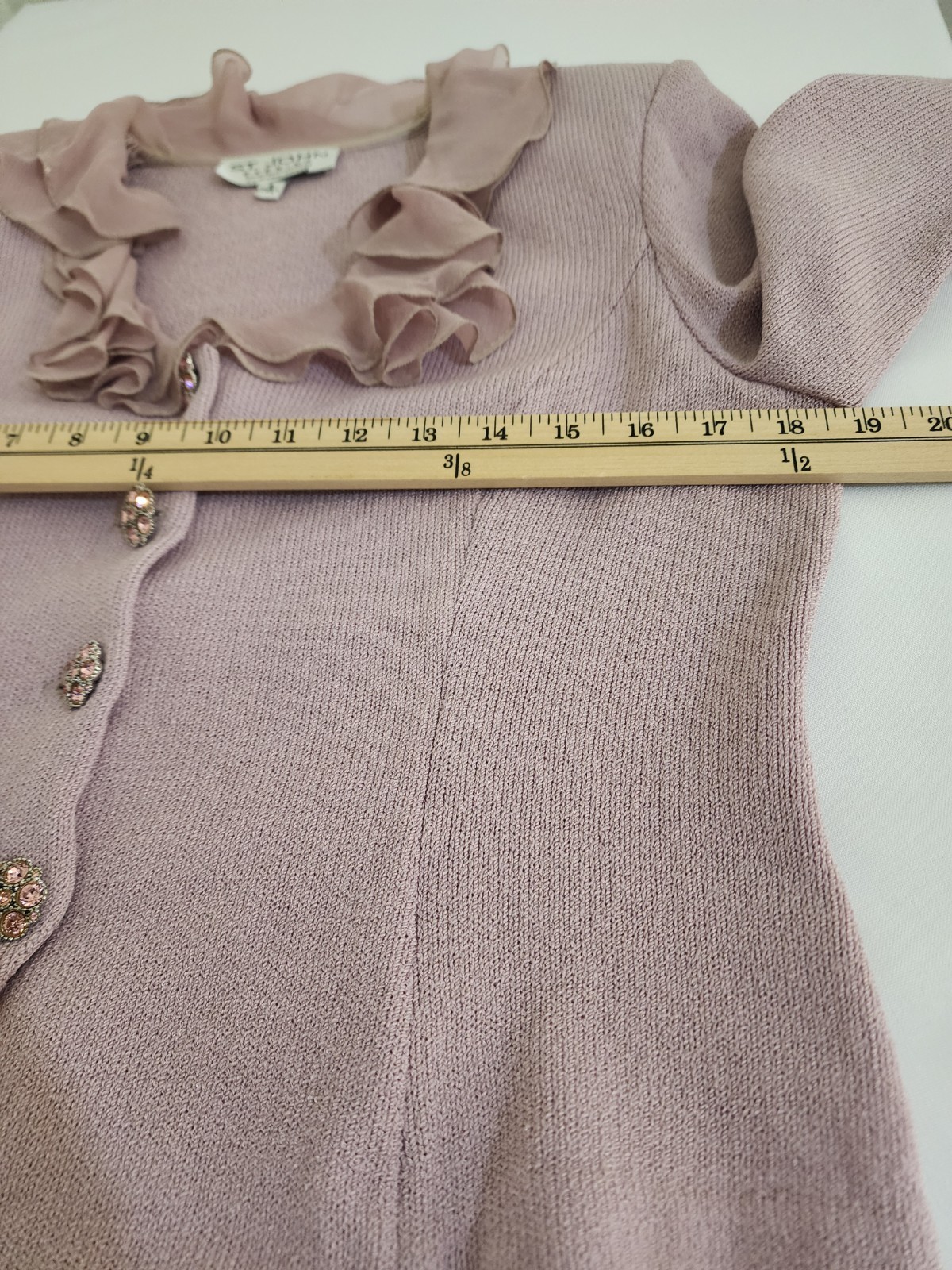 Vintage St John Evening By Marie Gray Pink Knit Ruffle Cardigan Jacket Sz 8 USA